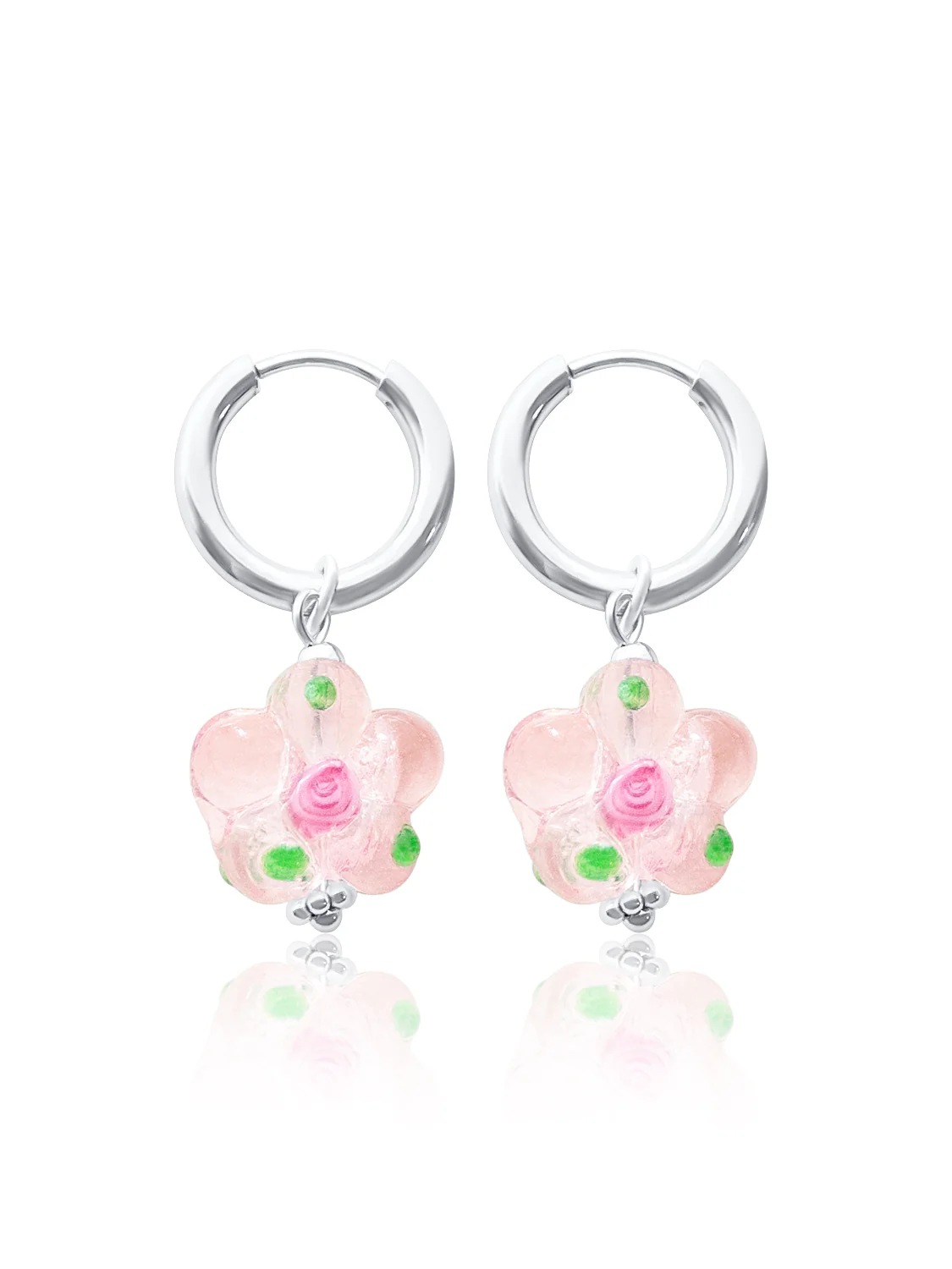 Glass Flower Hoops - Sweet Pink, Silver