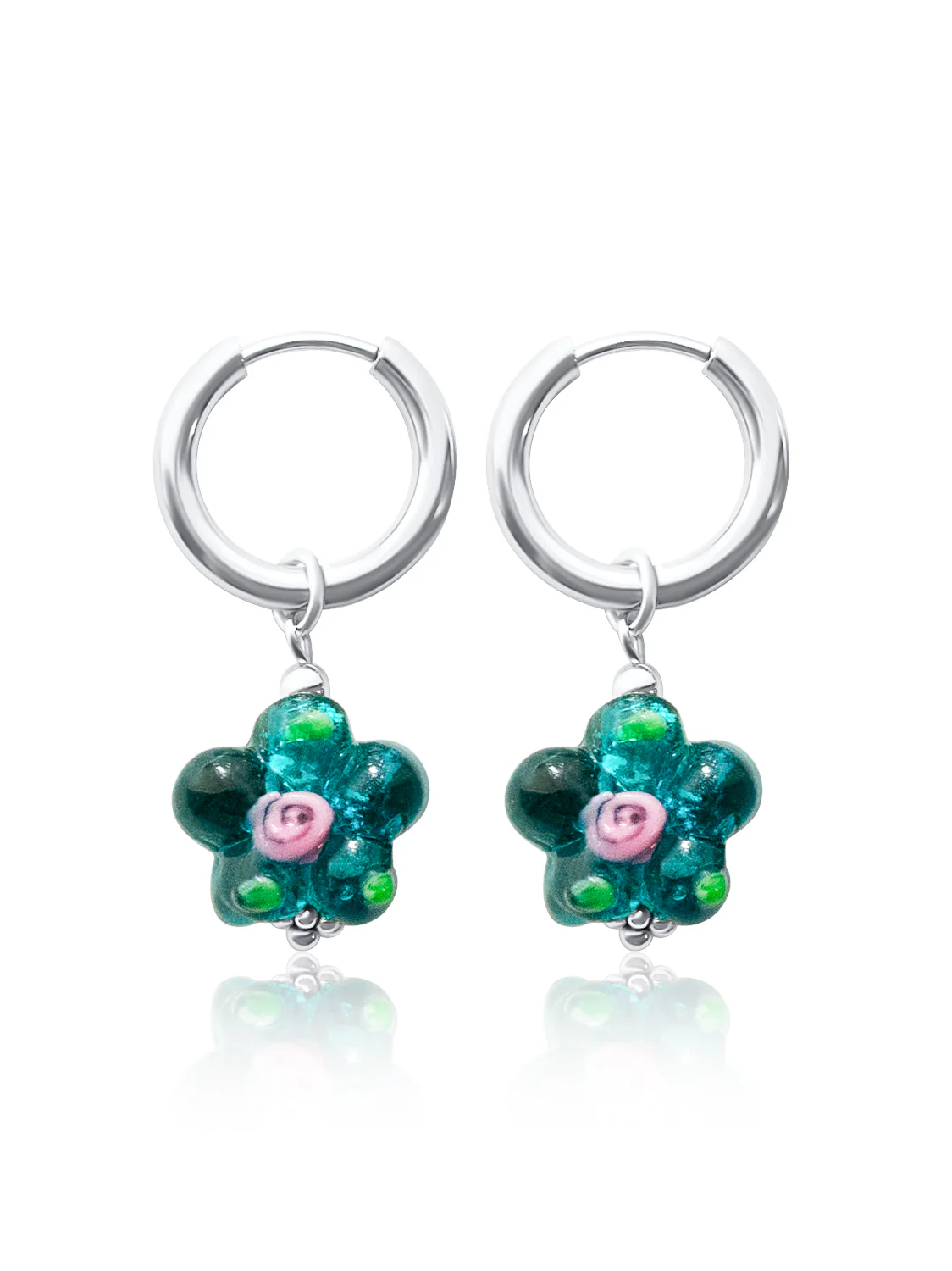 Glass Flower Hoops - Teal-Green, Silver