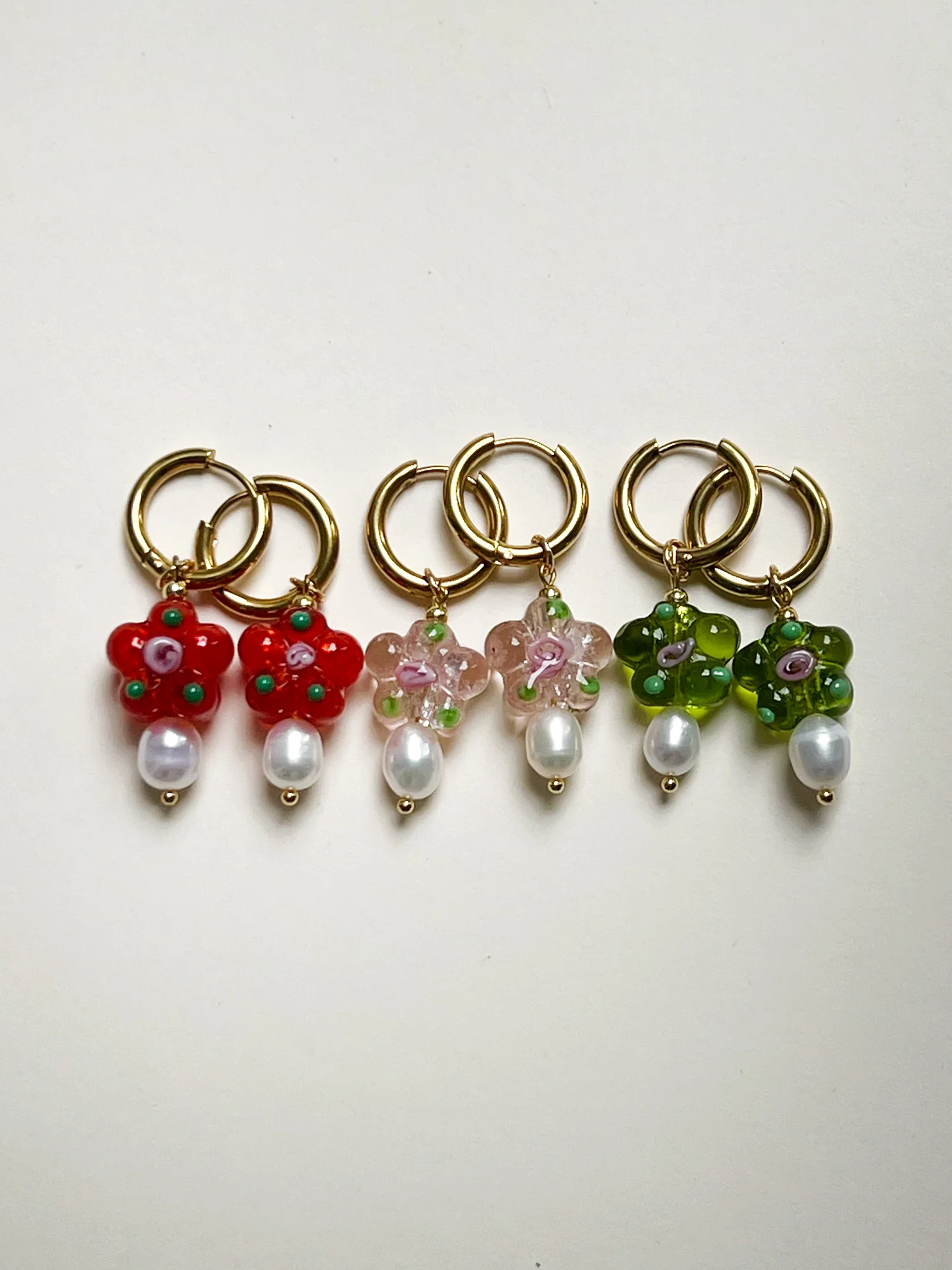 Glass Flower & Pearl Hoop Earrings - Apple green - Image 4