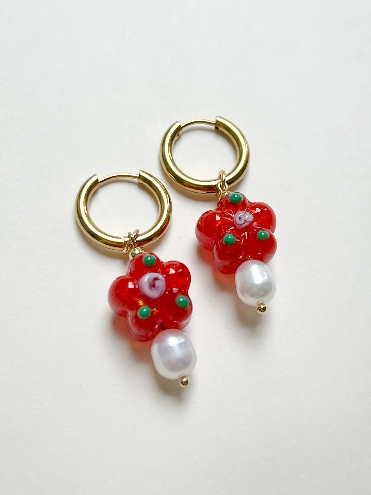 Glass Flower & Pearl Hoop Earrings - Orange - Image 3