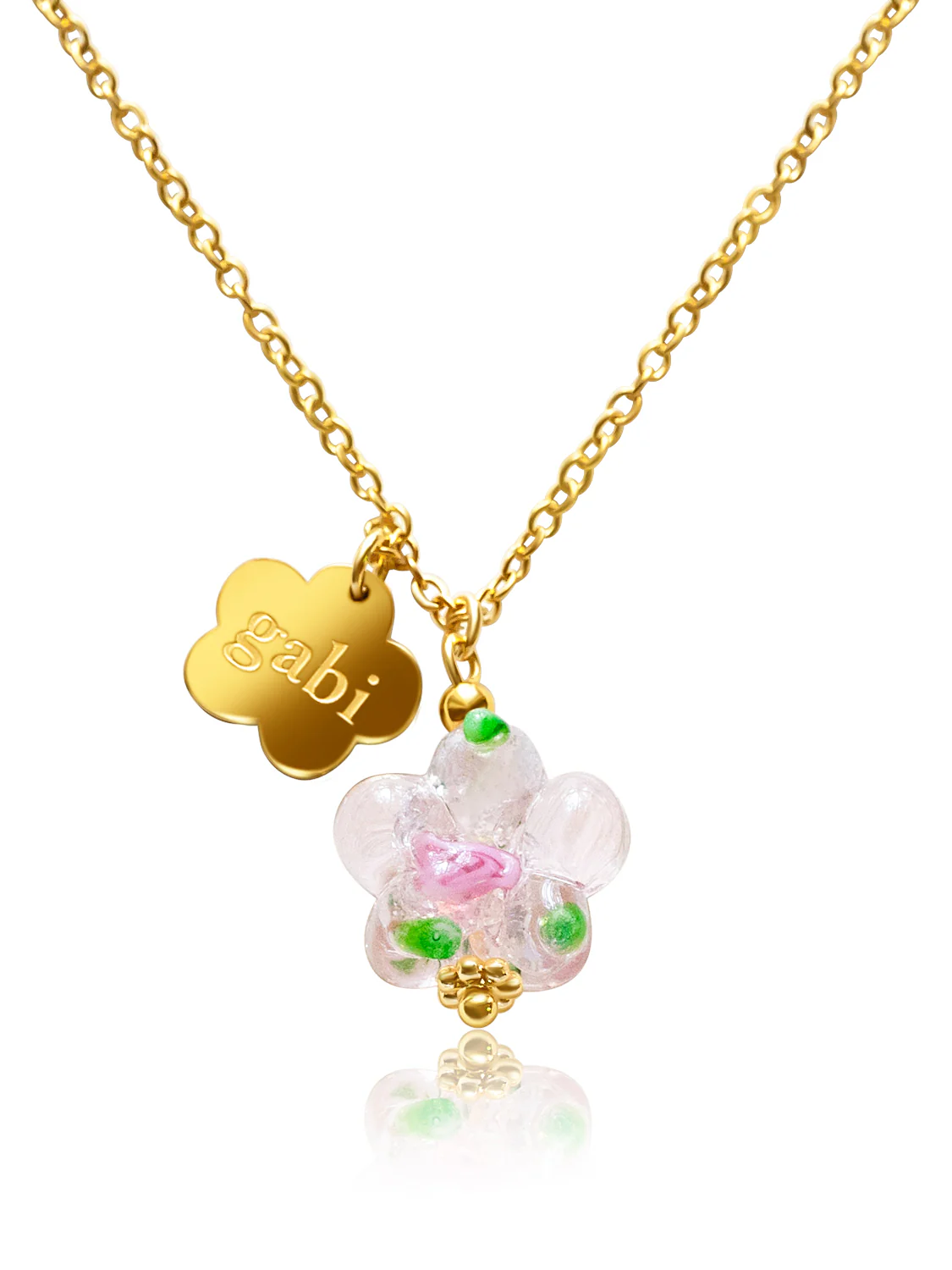 Gold Chunky Hoops - Pink Glass Flower, Gabi Flower - Image 3