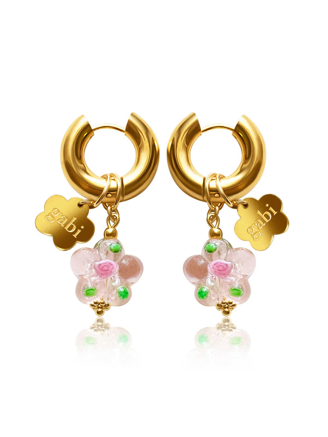 Gold Chunky Hoops - Pink Glass Flower, Gabi Flower
