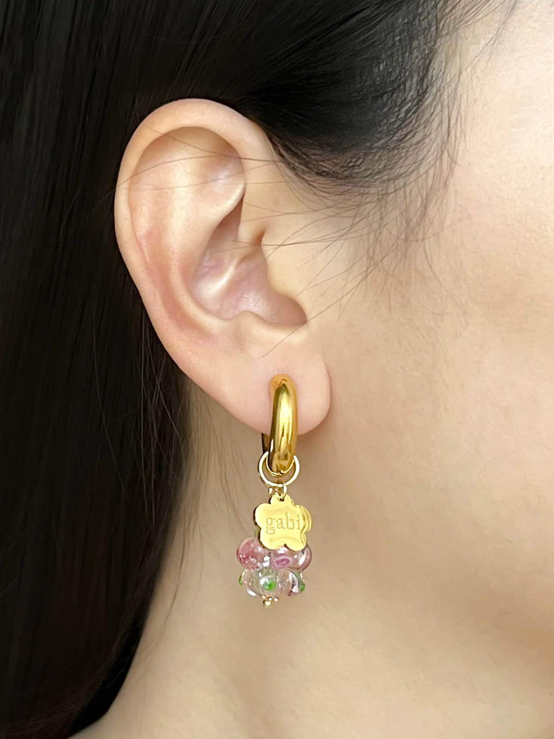 Gold Chunky Hoops - Pink Glass Flower, Gabi Flower - Image 2