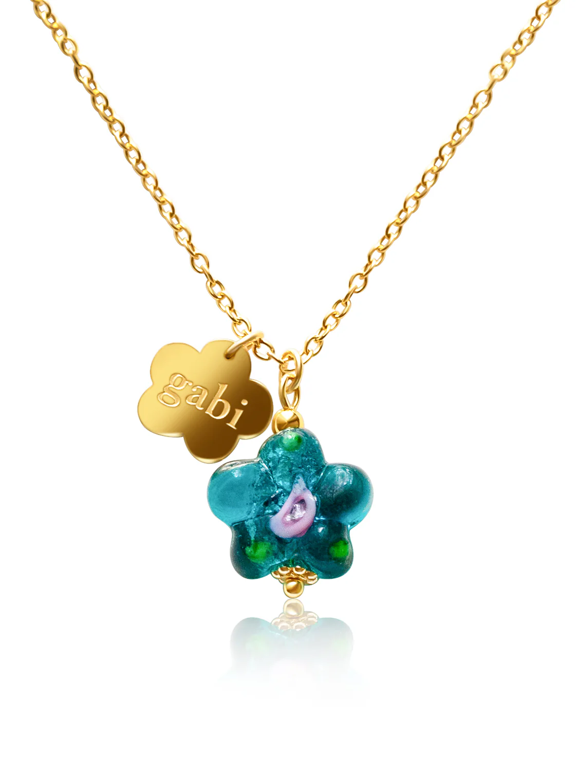 Gold Chunky Hoops - Teal-Green Glass Flower, Gabi Flower - Image 6