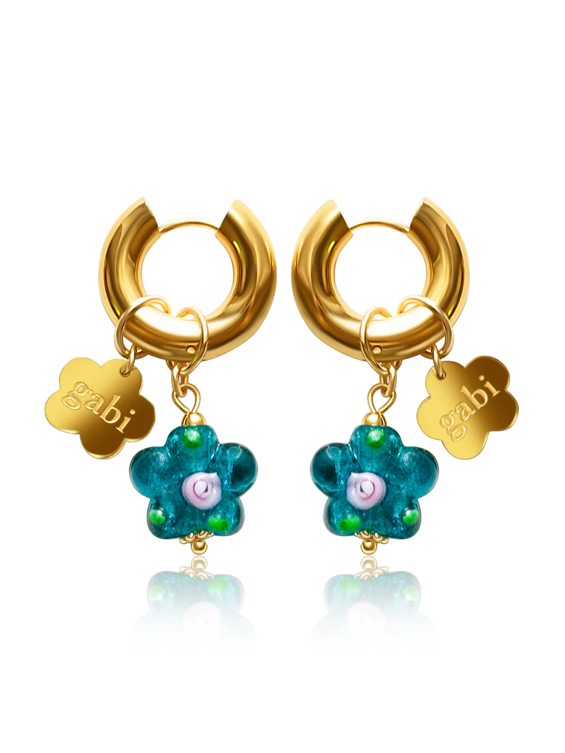 Gold Chunky Hoops - Teal-Green Glass Flower, Gabi Flower