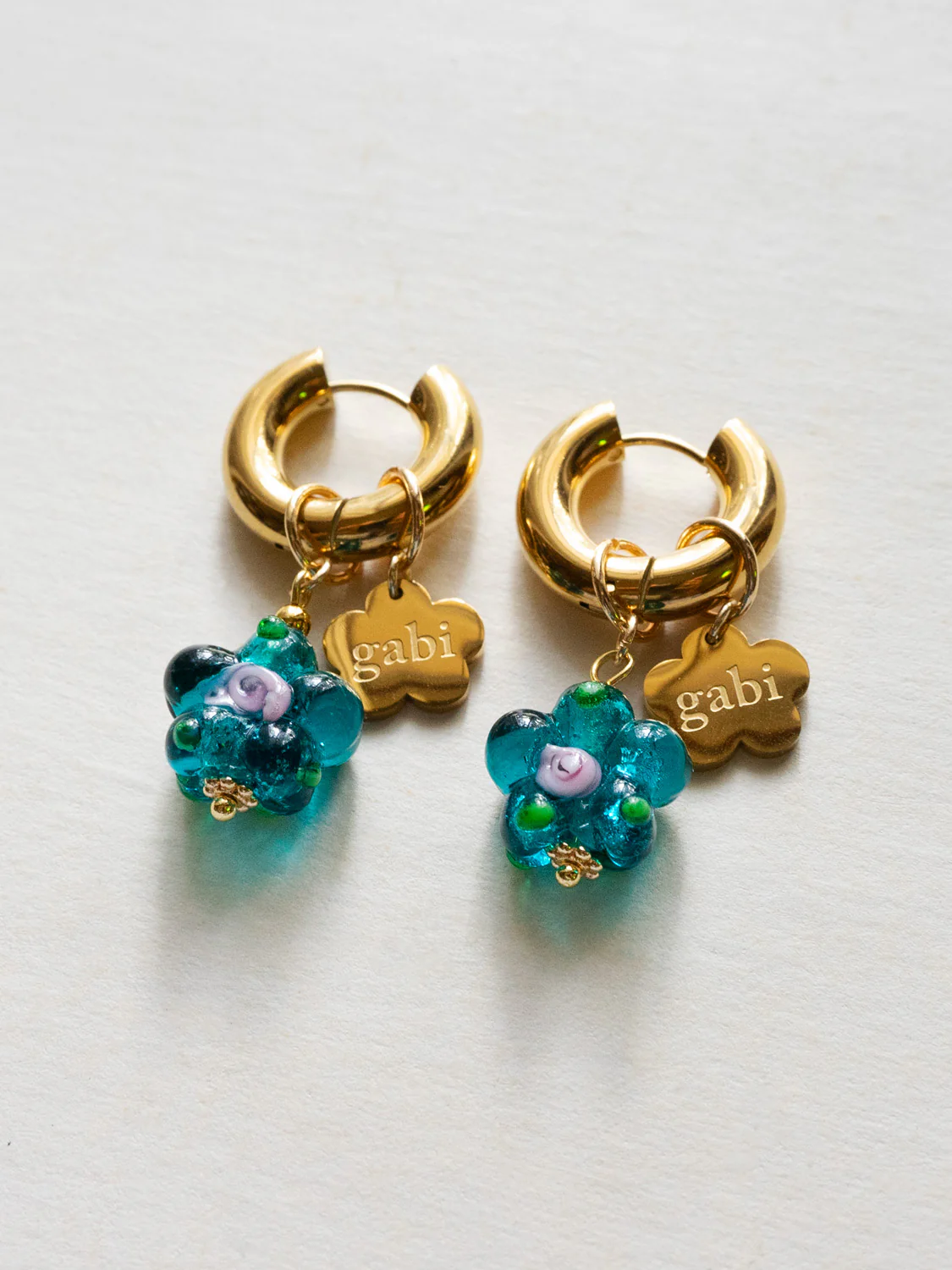 Gold Chunky Hoops - Teal-Green Glass Flower, Gabi Flower - Image 2
