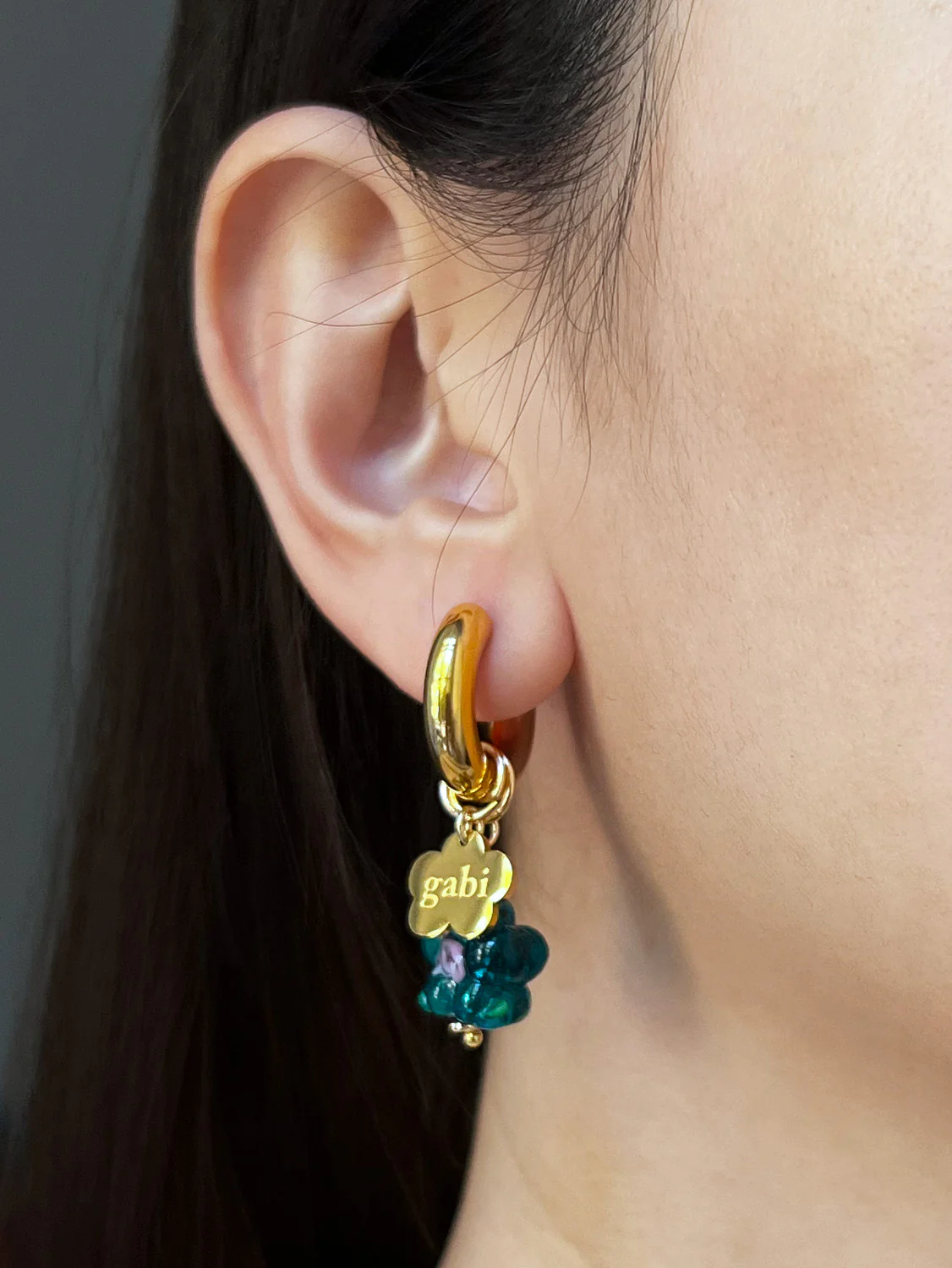 Gold Chunky Hoops - Teal-Green Glass Flower, Gabi Flower - Image 3