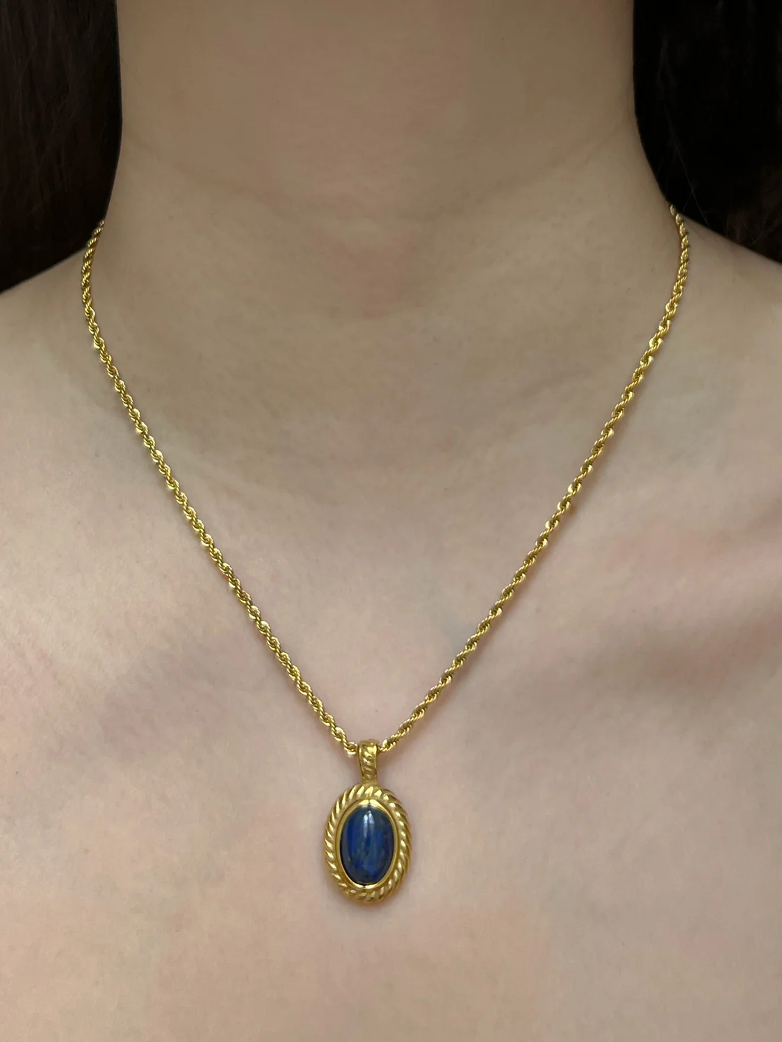 Gold Necklace with Lapis Lazuli Stone Pendant