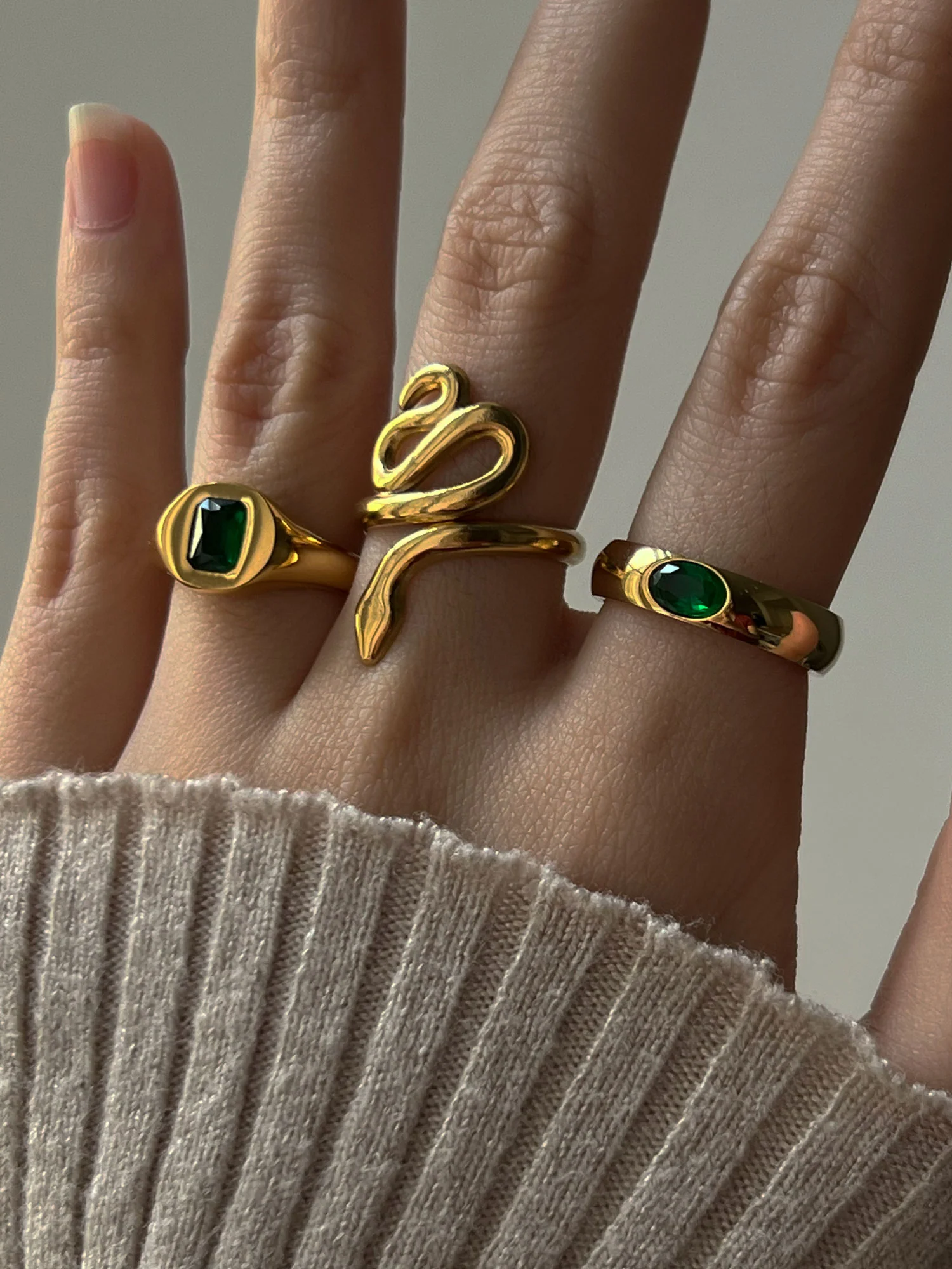 Gold Ring with Oval-encrusted Gemstone - Emerald Green - Image 2