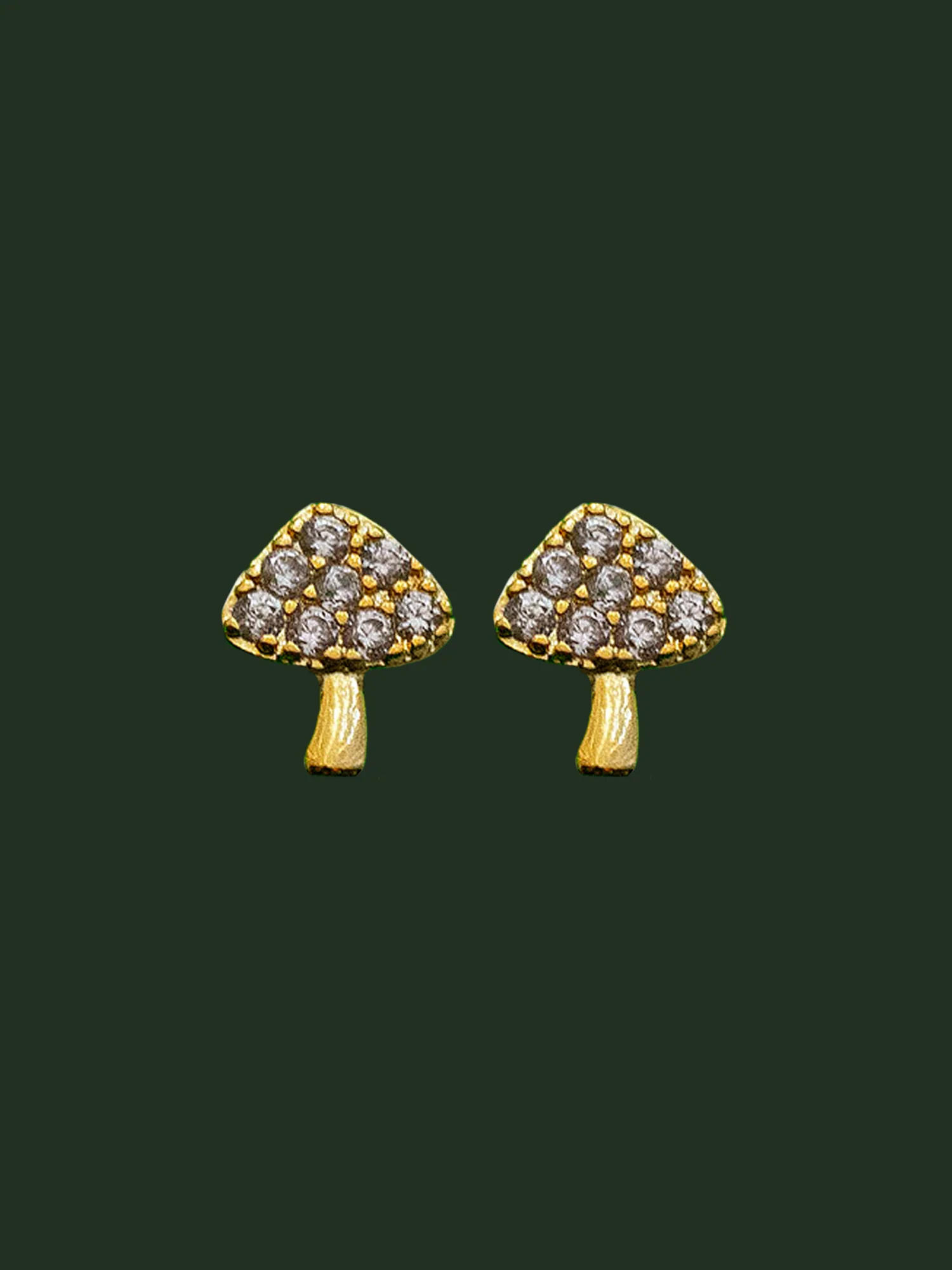 Happy Mushroom Earstuds, S925 - Clear Gemstones, Gold