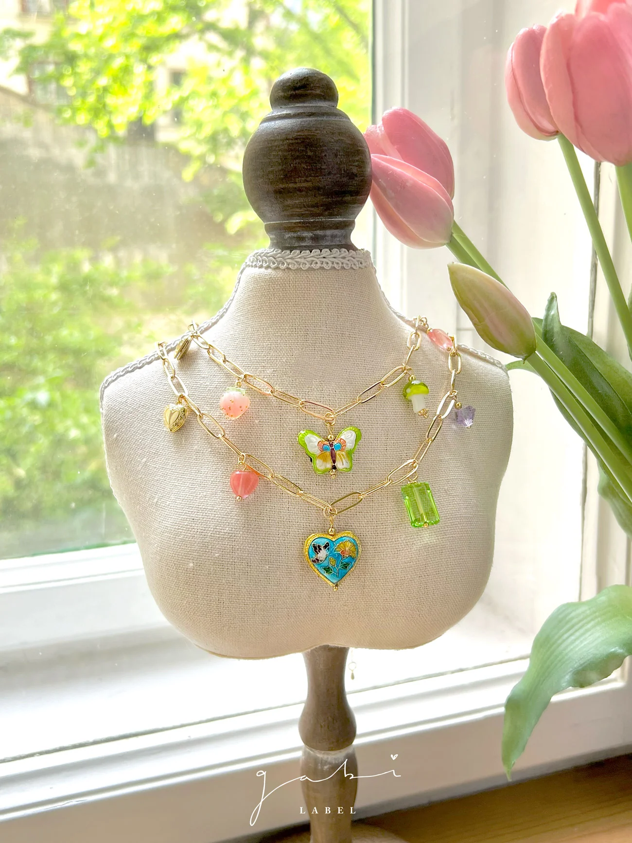 Heart Cloisonne Charm Necklace - Blue Heart/Glass Crystals - Image 3