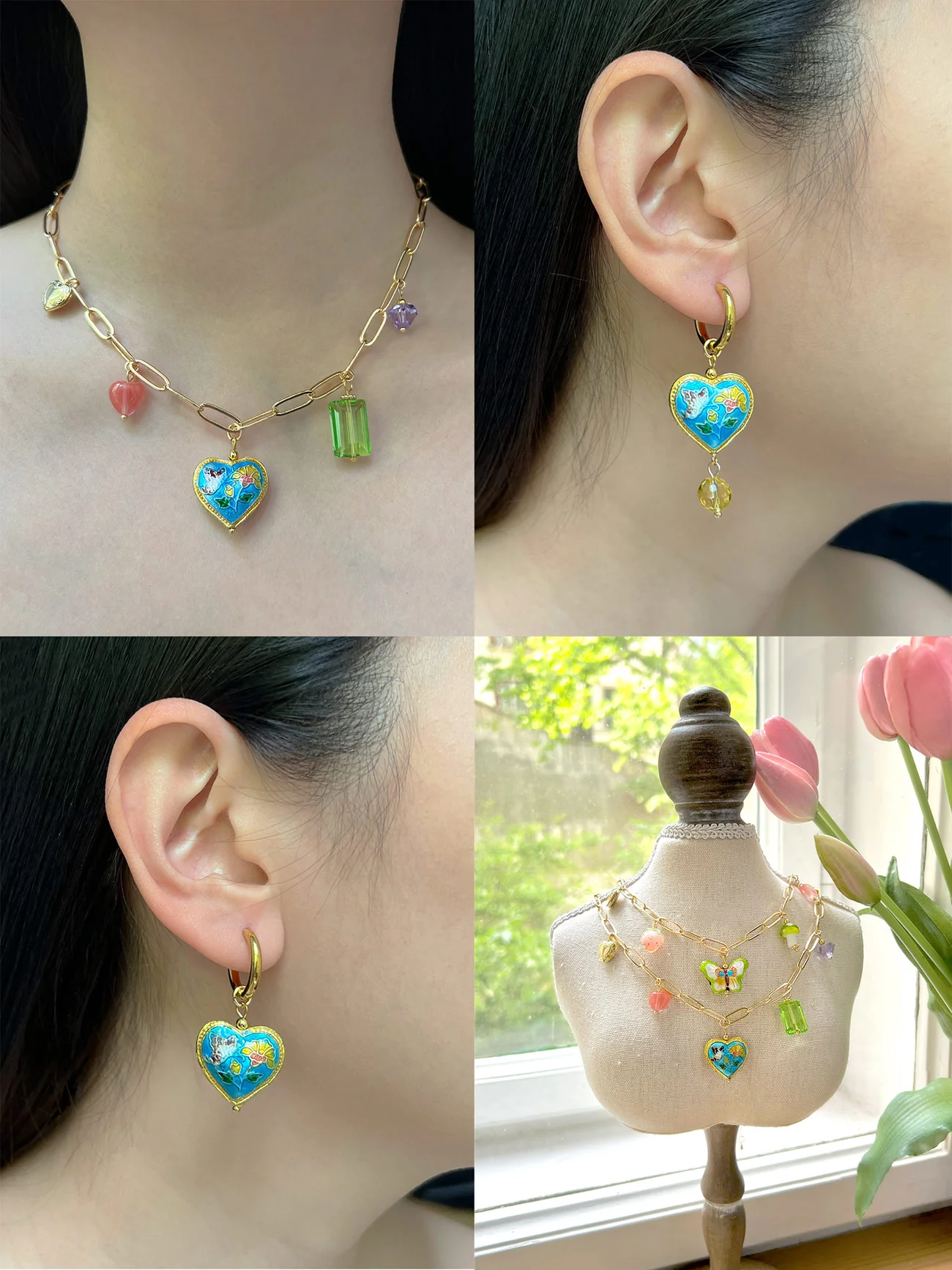 Heart Cloisonne Charm Necklace - Blue Heart/Glass Crystals - Image 4