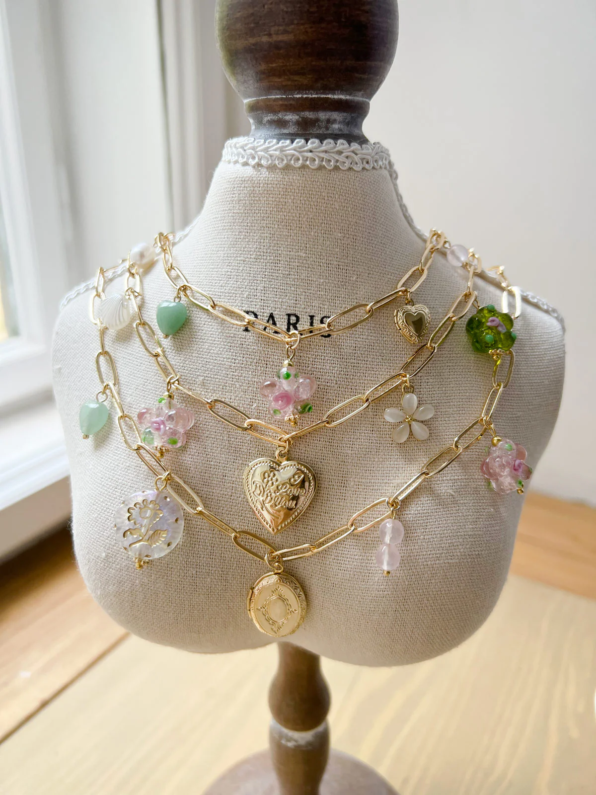 Heart Locket Charm Necklace - Glass Flowers - Image 10