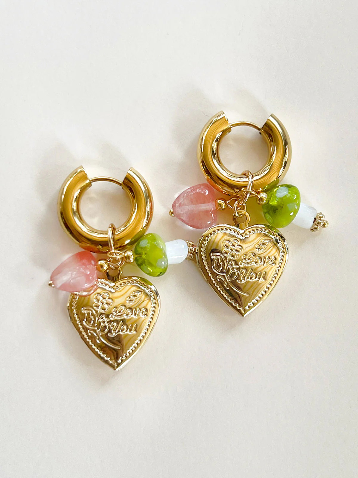 Heart Locket Chunky Hoops - Green Mushroom/Watermelon heart crystal