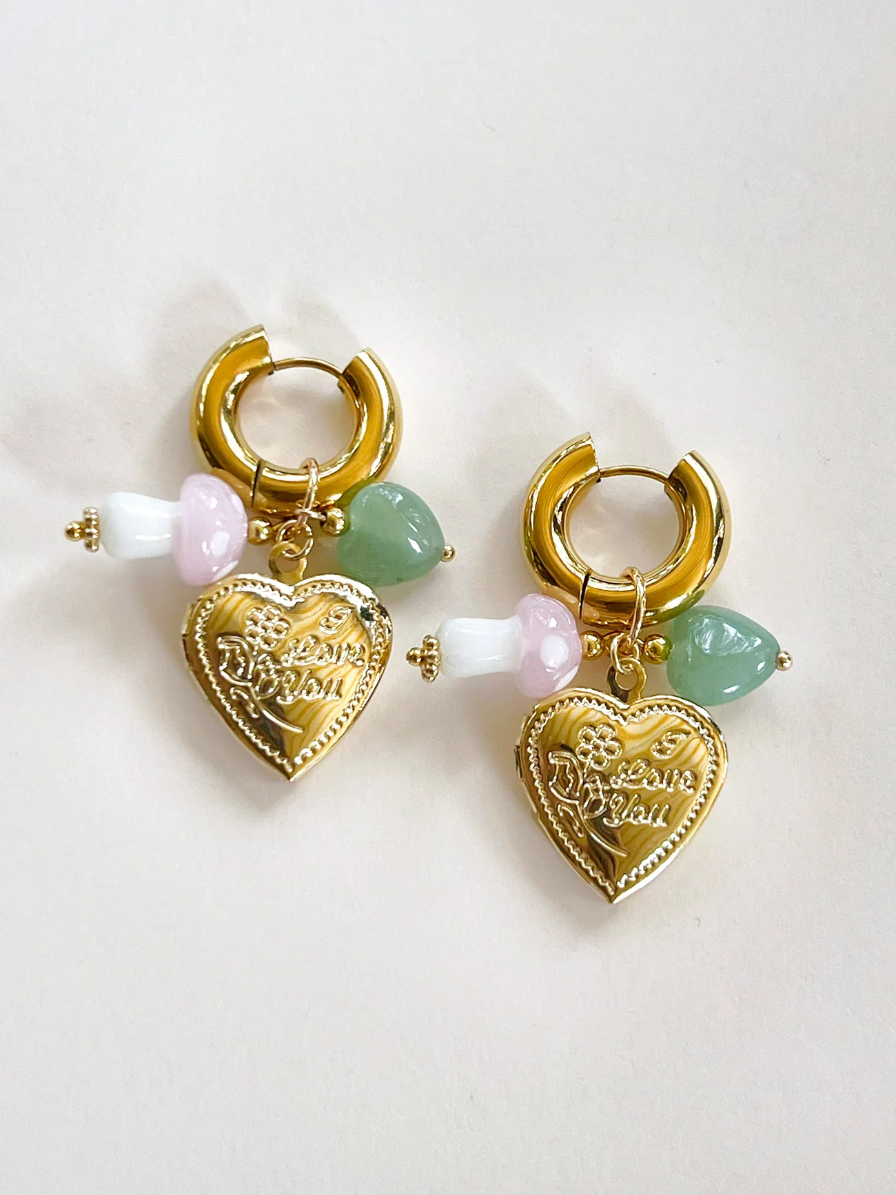 Heart Locket Chunky Hoops - Pink Mushroom/Jade heart crystal