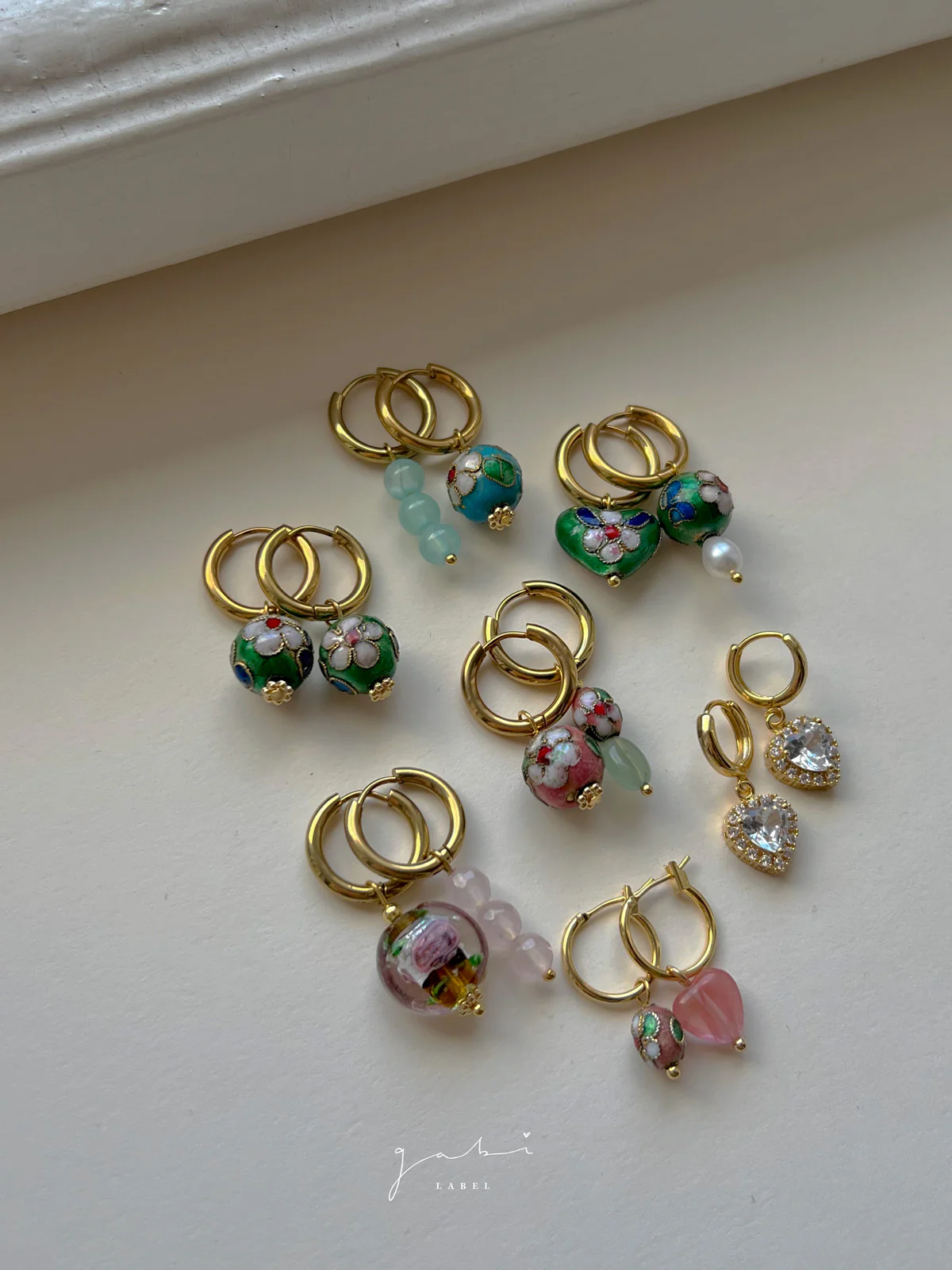 Heart-shaped Green Flower Cloisonne Mismatched Hoops - Image 7