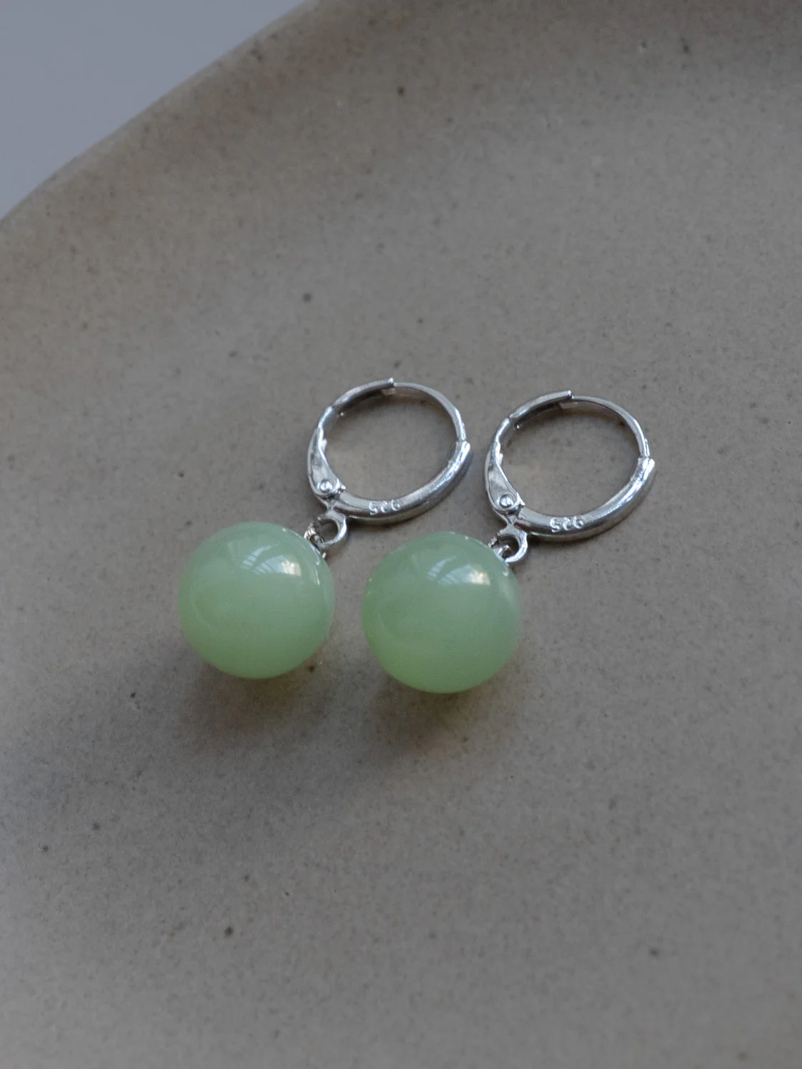 Jade Ball Huggies, S925 - Silver, Light Green - Image 3