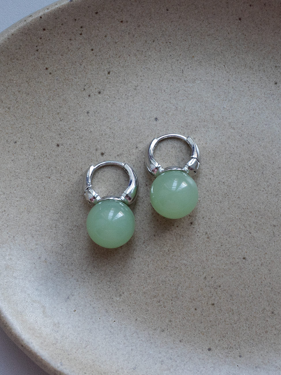 Jade Ball Mini Hoops, S925 - Silver, Light Green