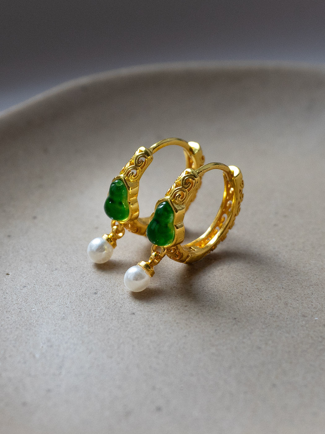 Jade Gourd Hoops with Pearl
