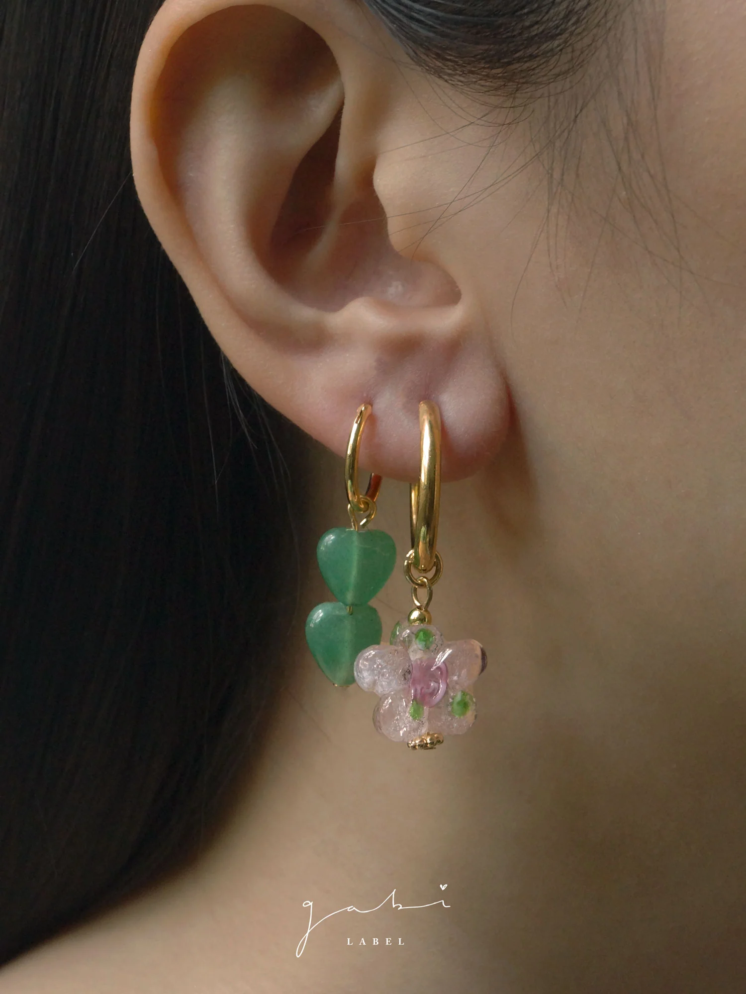 Mismatched Stone Hoop Earrings - Aventurine - Image 5