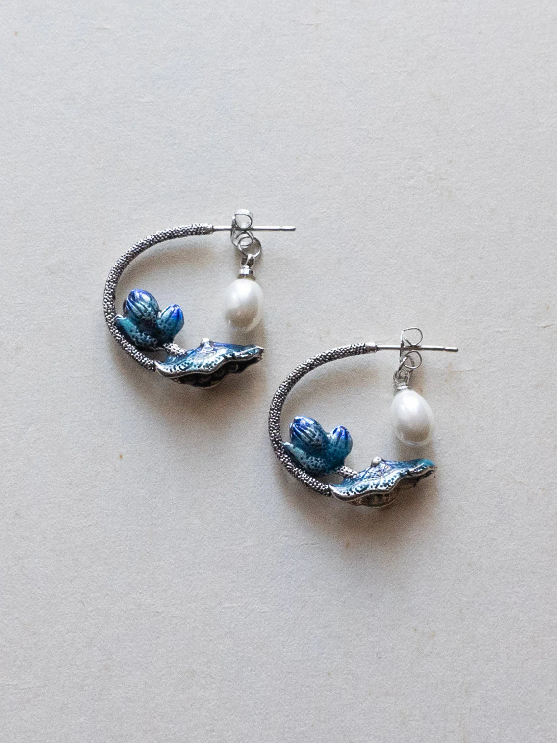 Nature’s Dance Hoops with Freshwater Pearl - Silver/Blue