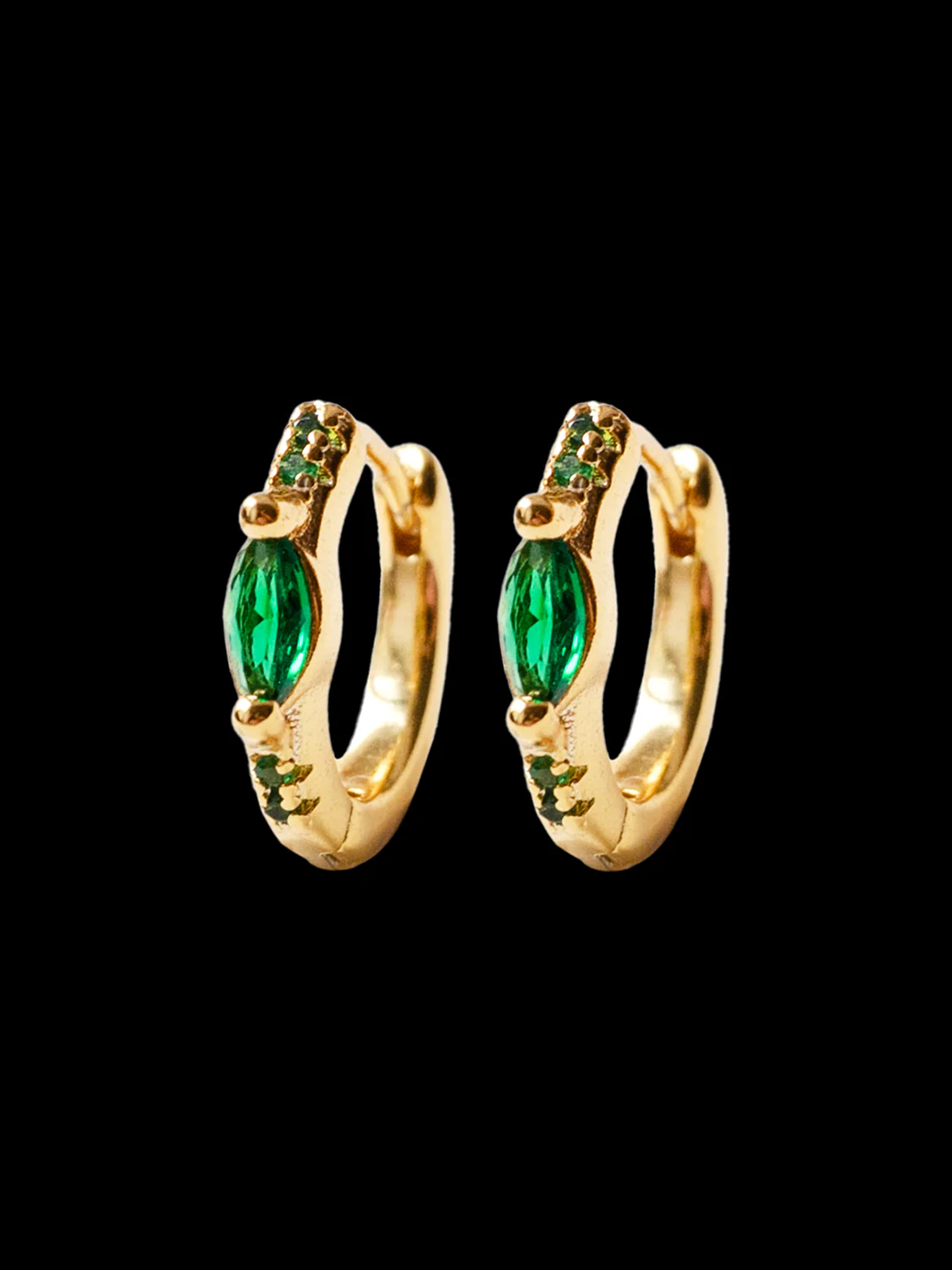 Oval Gemstone Huggies, S925 - Emerald Green, Gold