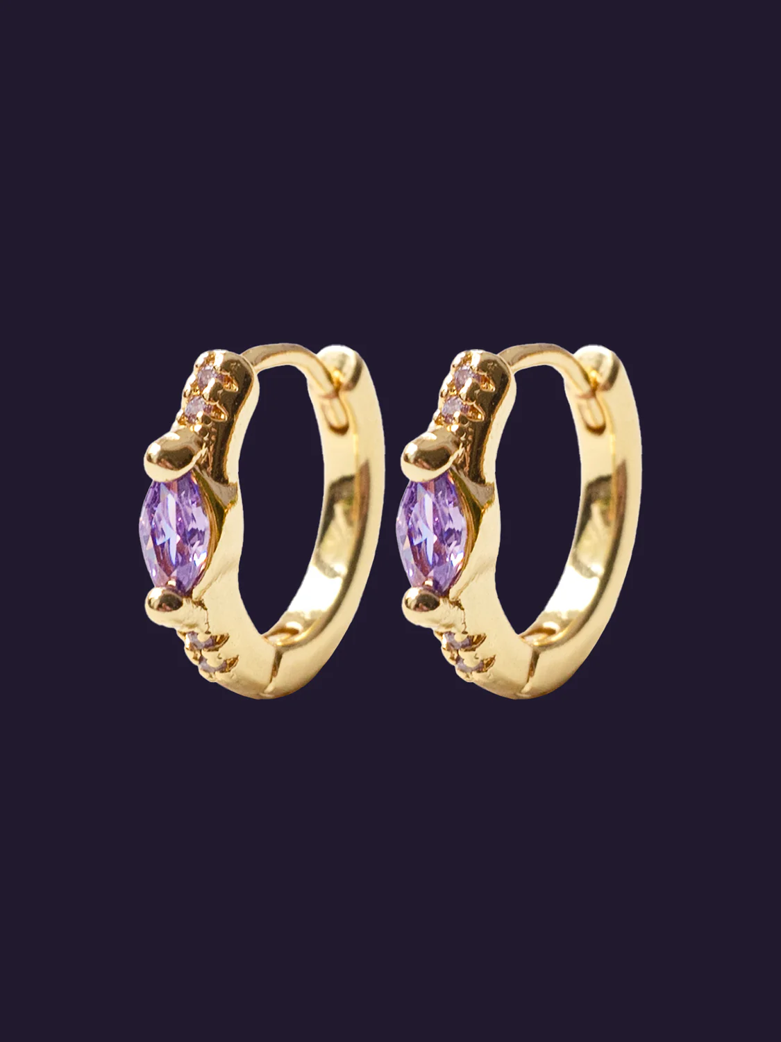 Oval Gemstone Huggies, S925 - Purple, Gold