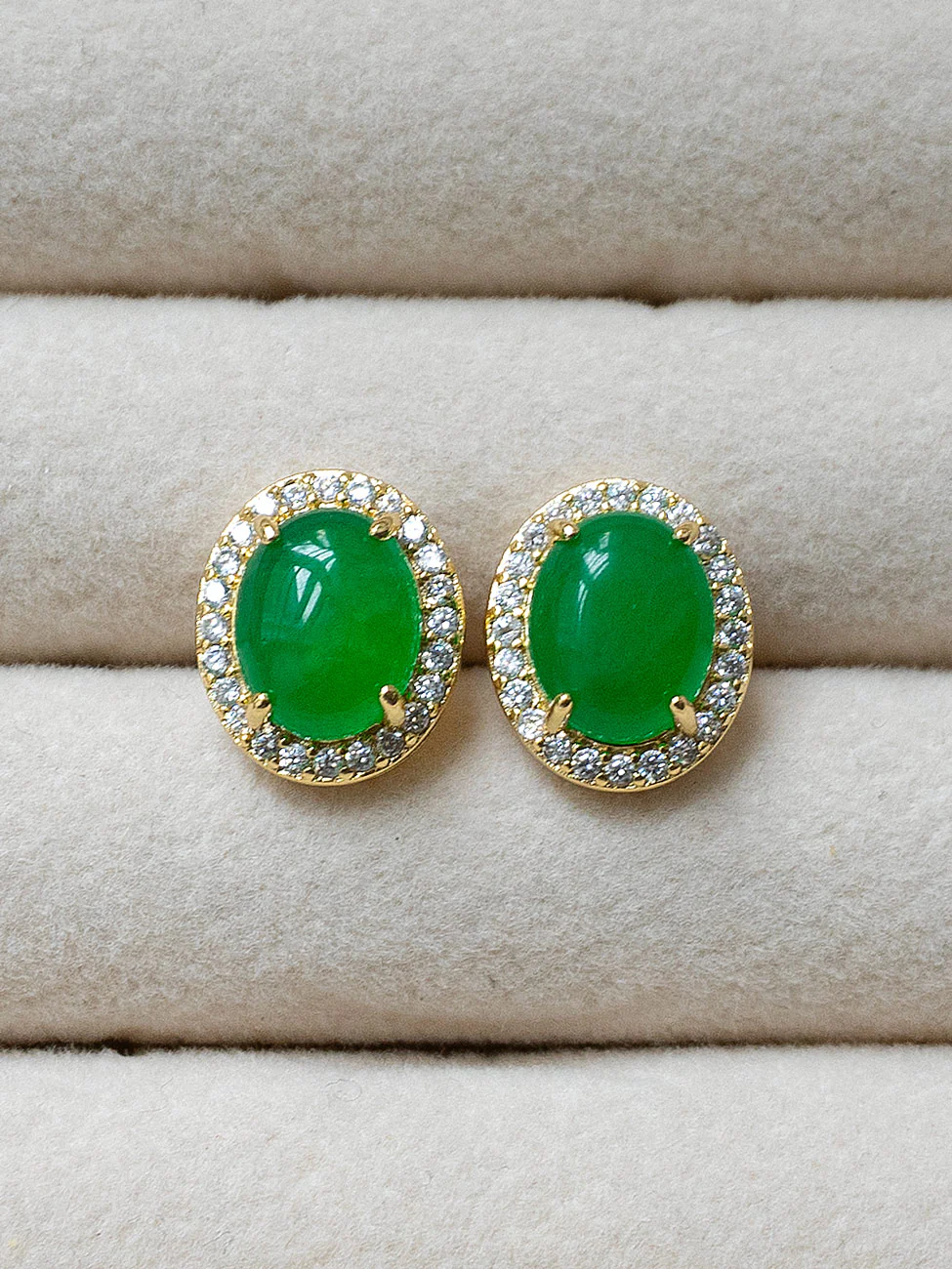 Oval Jade Gemstone Pavé Earstuds - Dark Green, Gold
