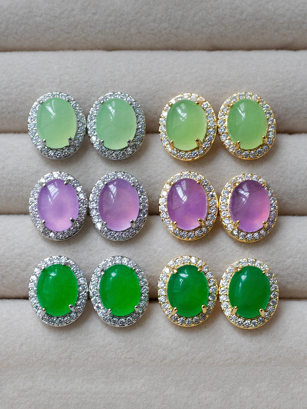 Oval Jade Gemstone Pavé Earstuds - Dark Green, Silver - Image 6