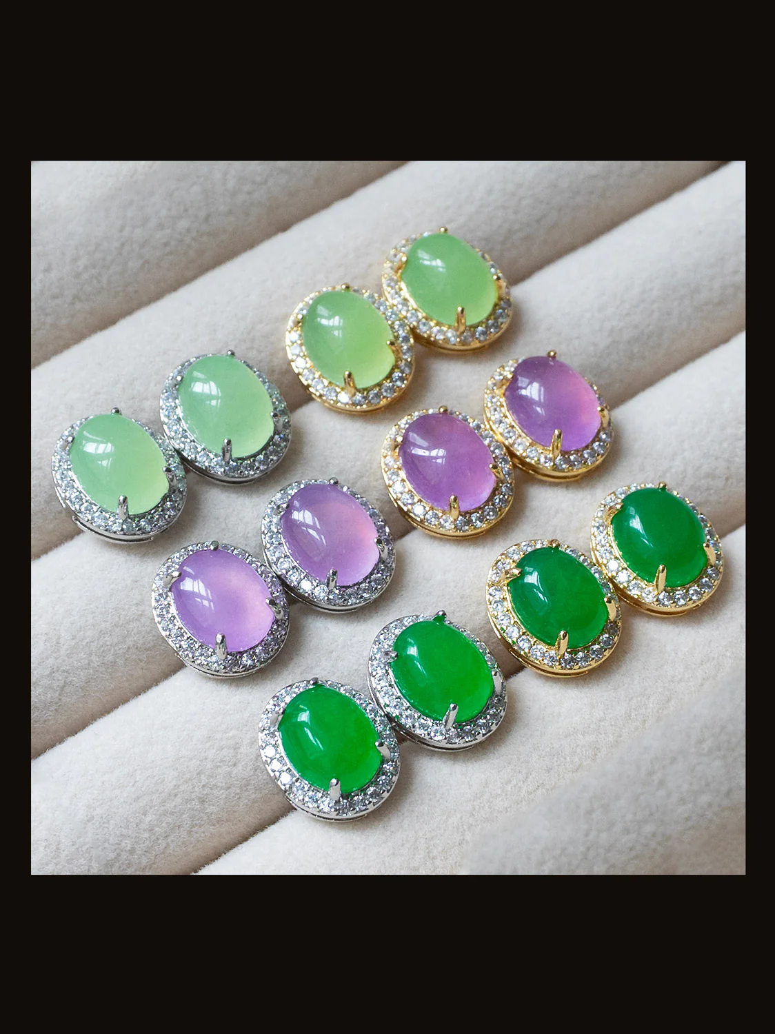 Oval Jade Gemstone Pavé Earstuds - Dark Green, Silver - Image 3