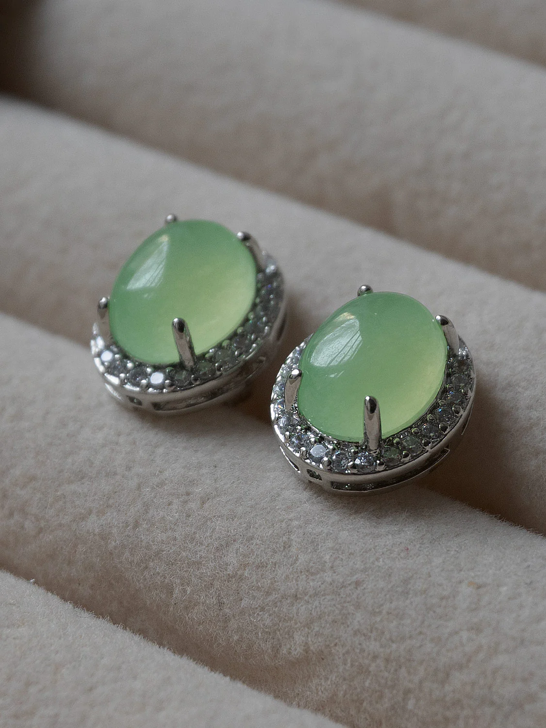 Oval Jade Gemstone Pavé Earstuds - Light Green, Silver