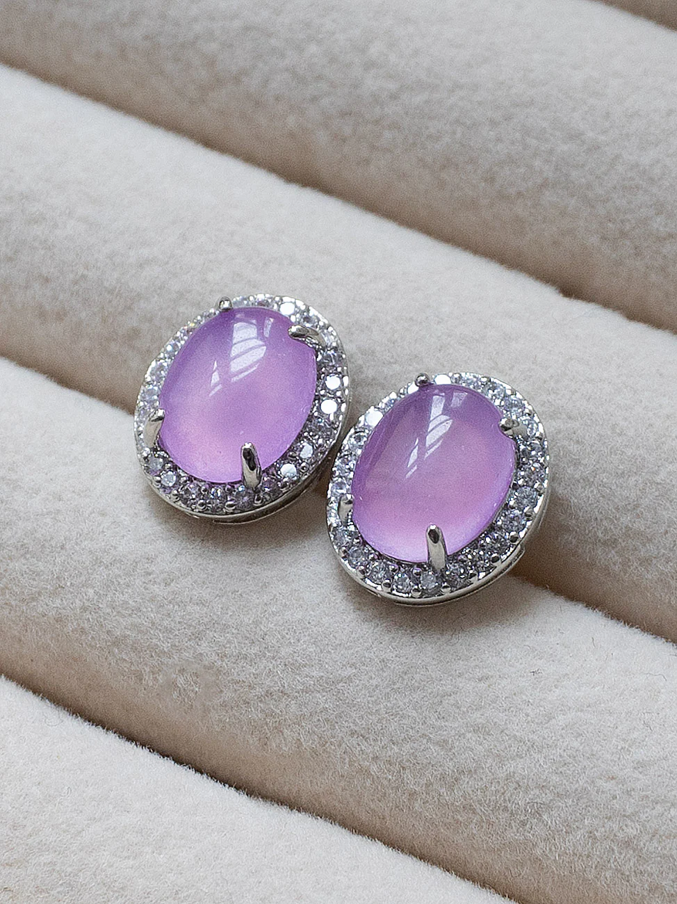 Oval Jade Gemstone Pavé Earstuds - Purple, Silver