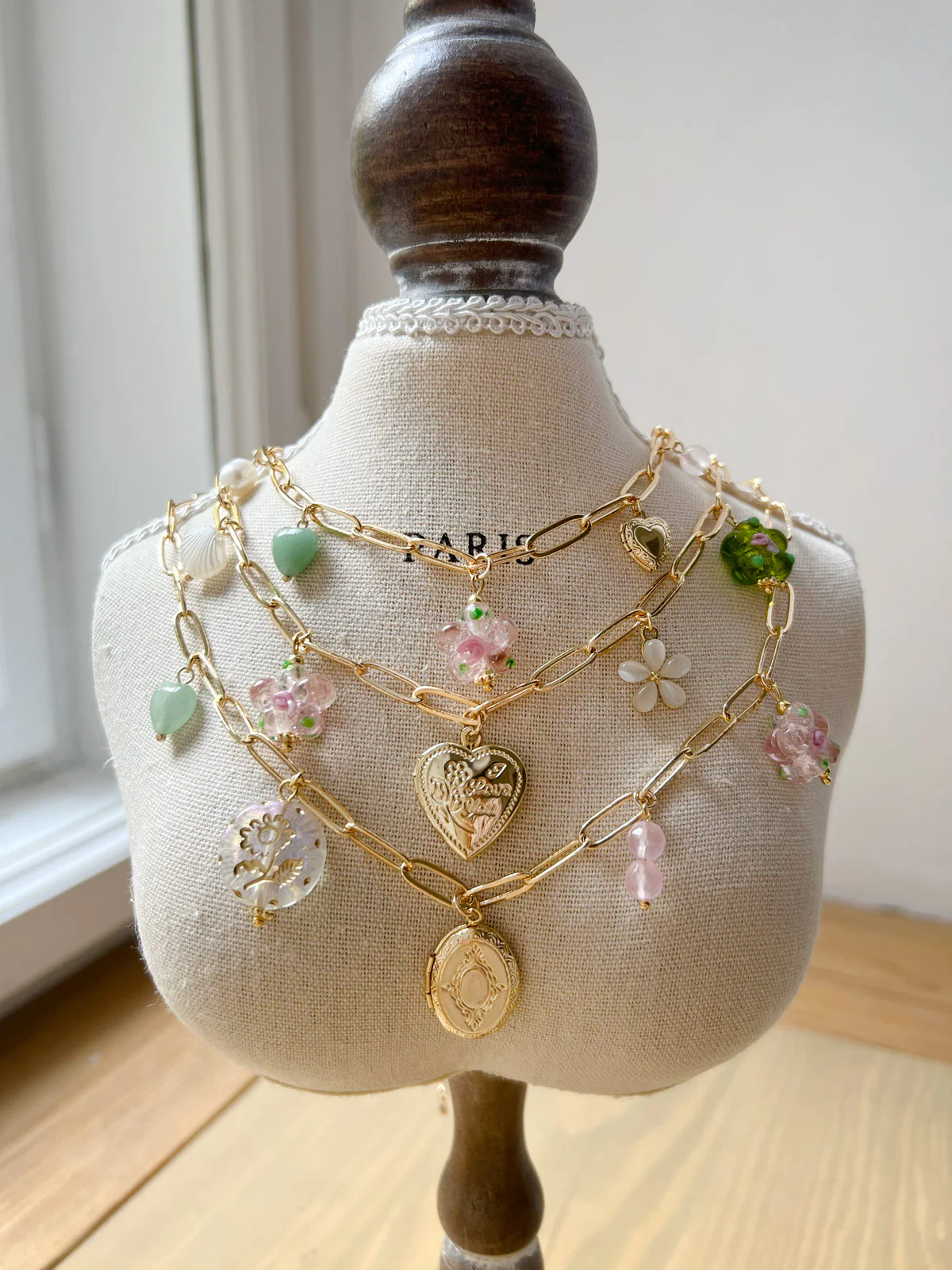 Oval Locket Charm Necklace - Glass Flower/Crystals - Image 7