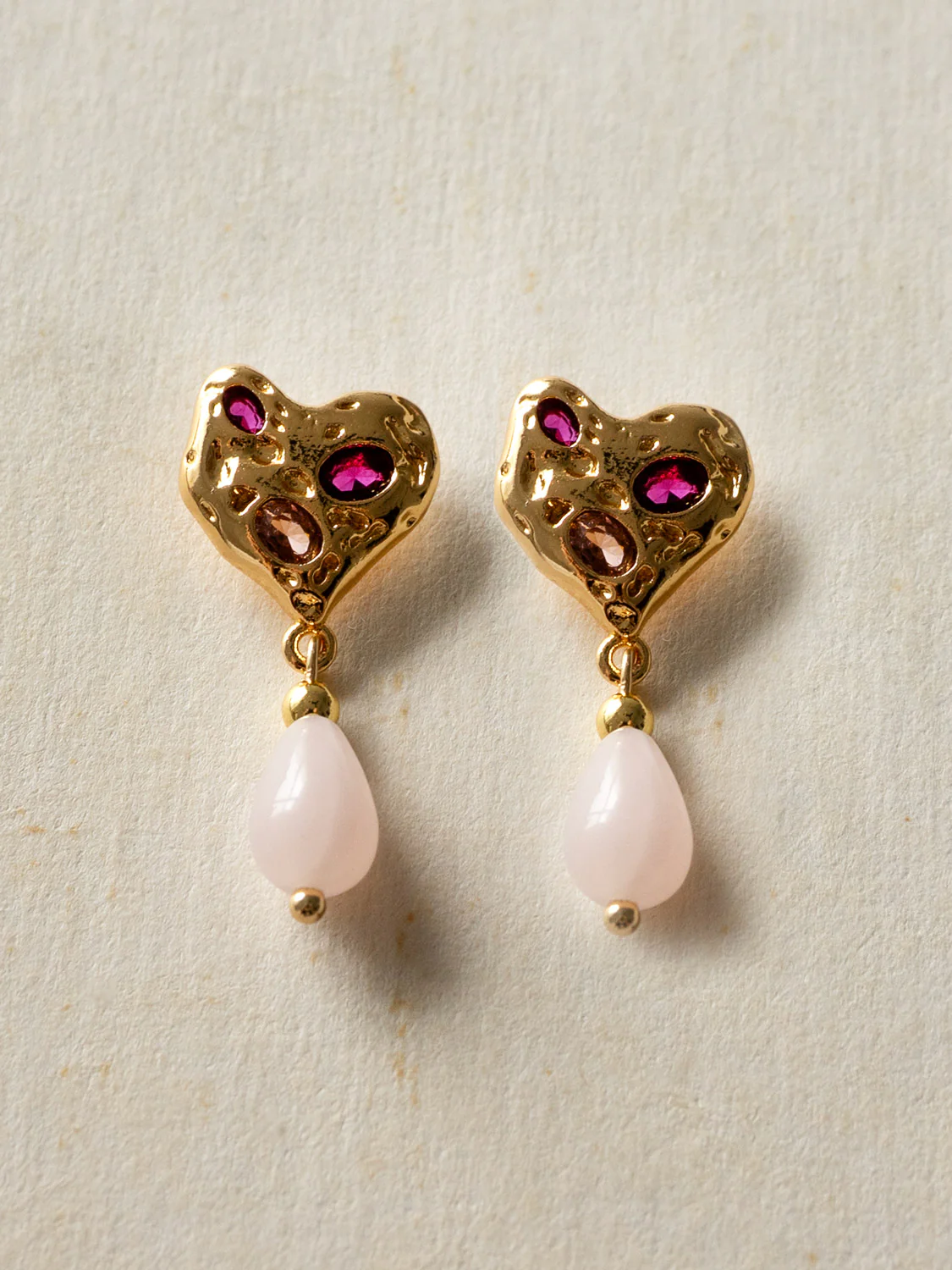 Pink Gemstones Heart Earstuds With Teardrop Rose Quartz