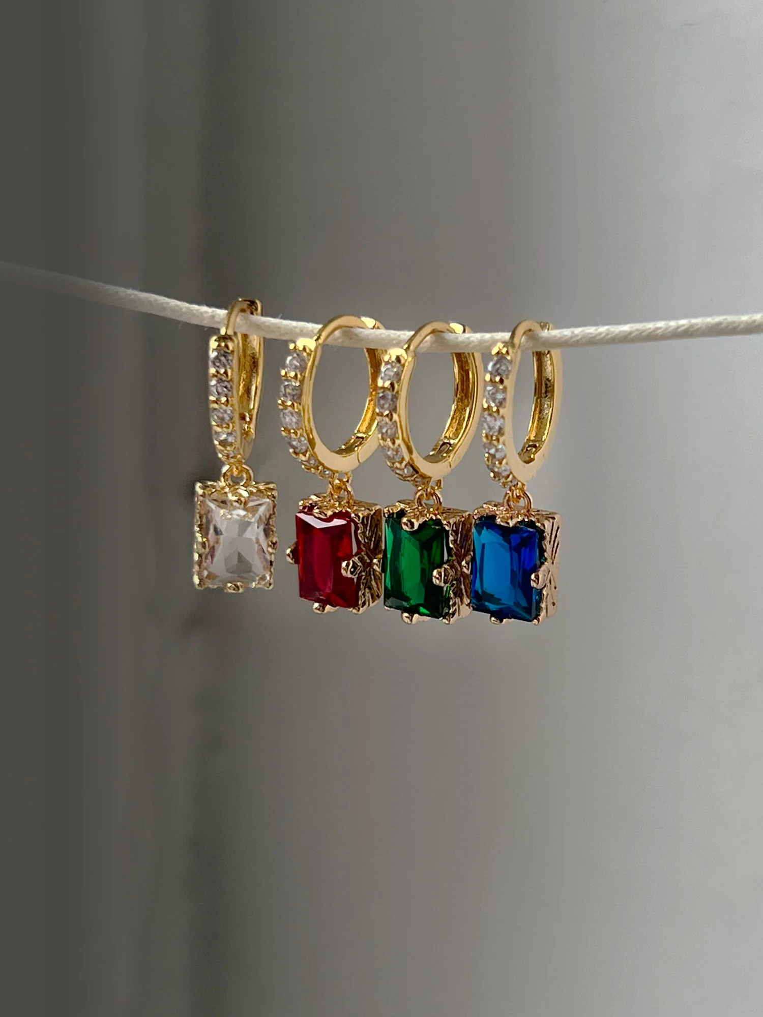 Rectangular Gemstone Pavé Huggies - Clear - Image 4