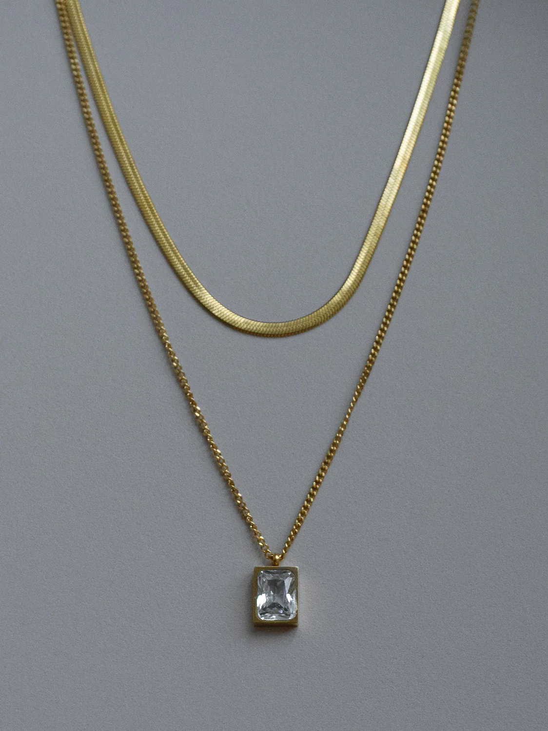 Snake Layered Necklace - Clear Rectangular Gemstone