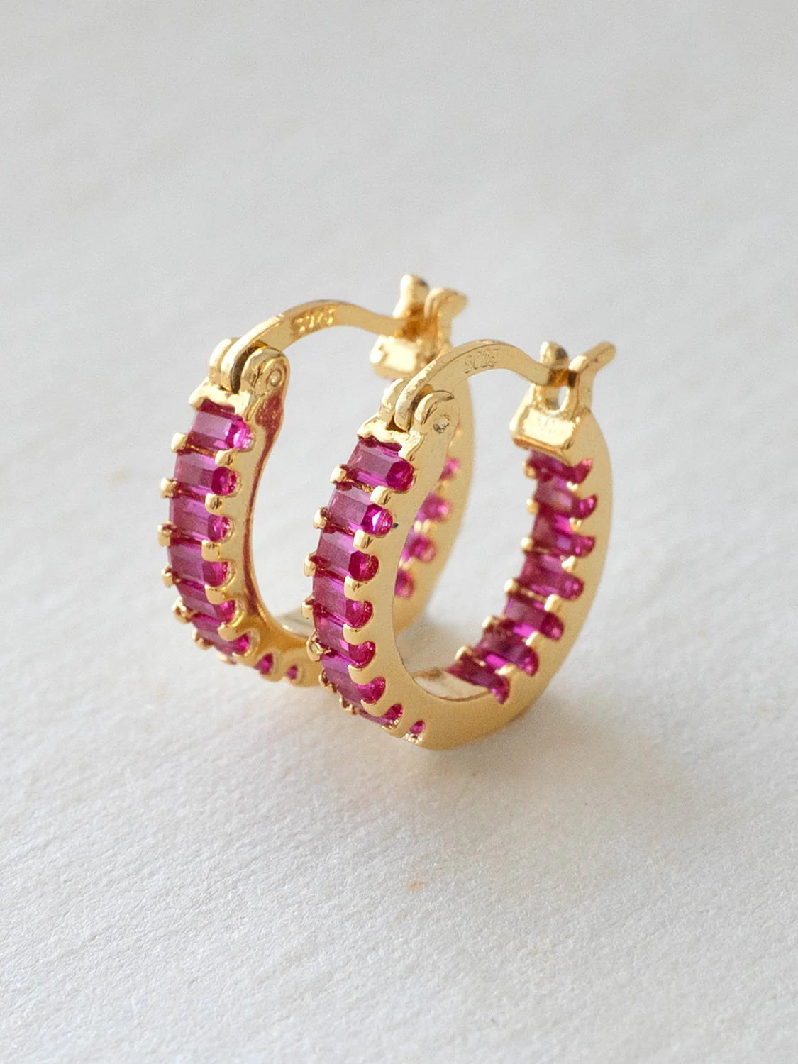 Sparkle Gemstone Mini Hoops, S925 - Magenta, Gold