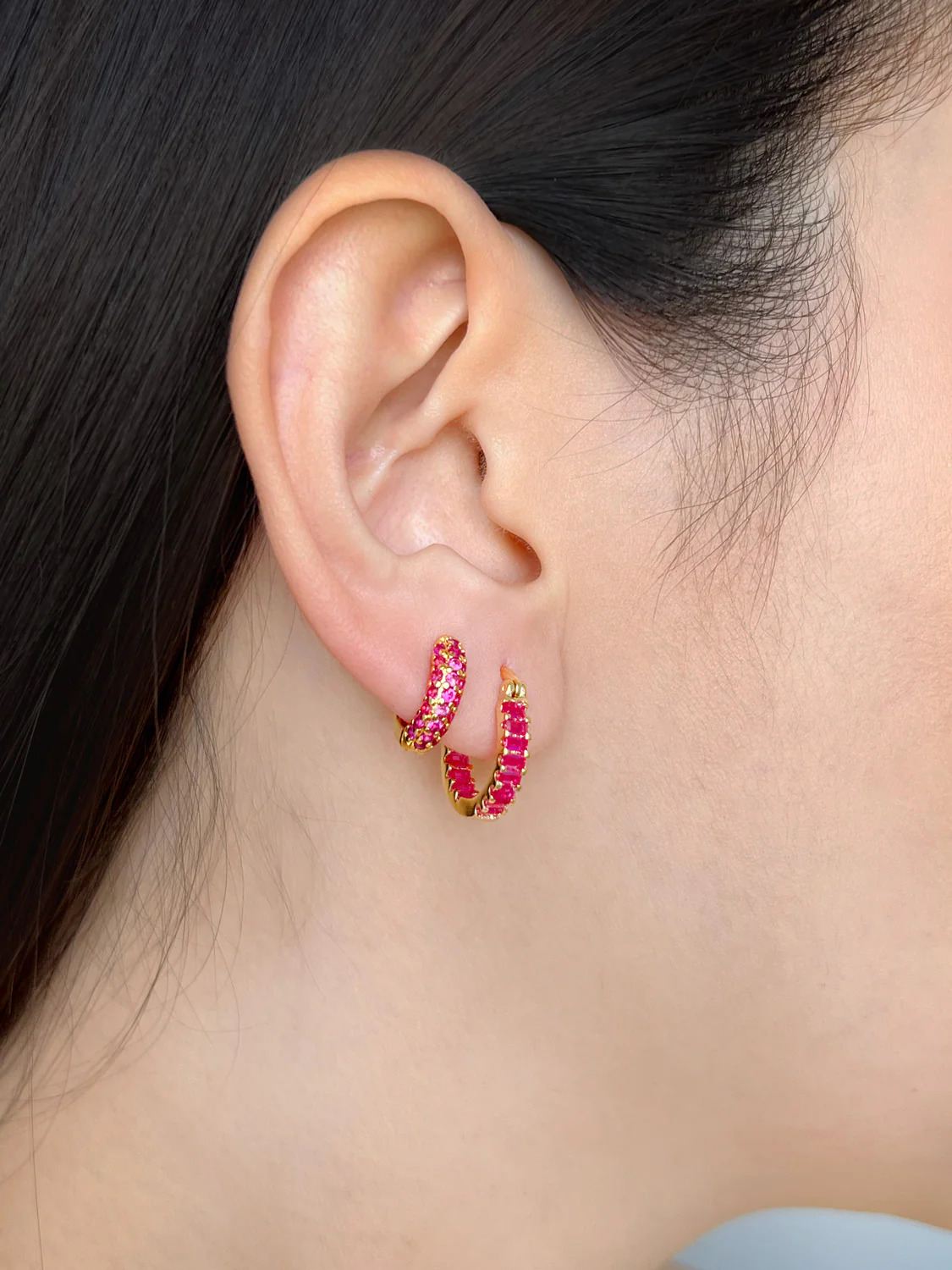 Sparkle Gemstone Mini Hoops, S925 - Magenta, Gold - Image 8