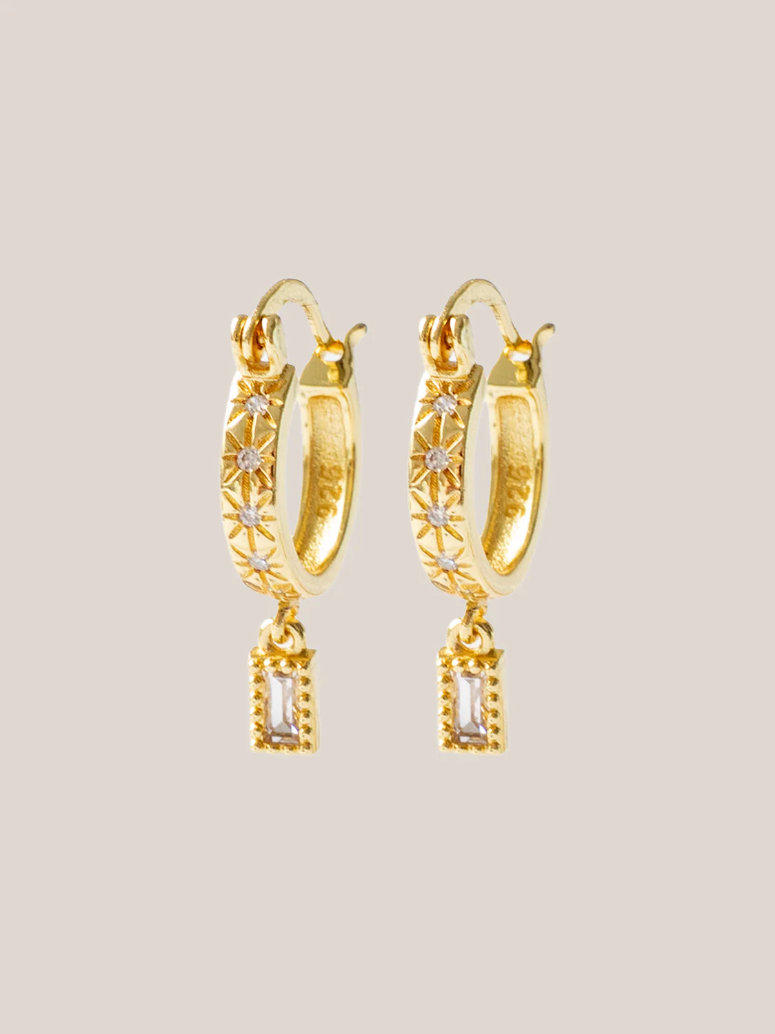 Starburst Huggies with Rectangular Gemstone, S925 - Clear, Gold