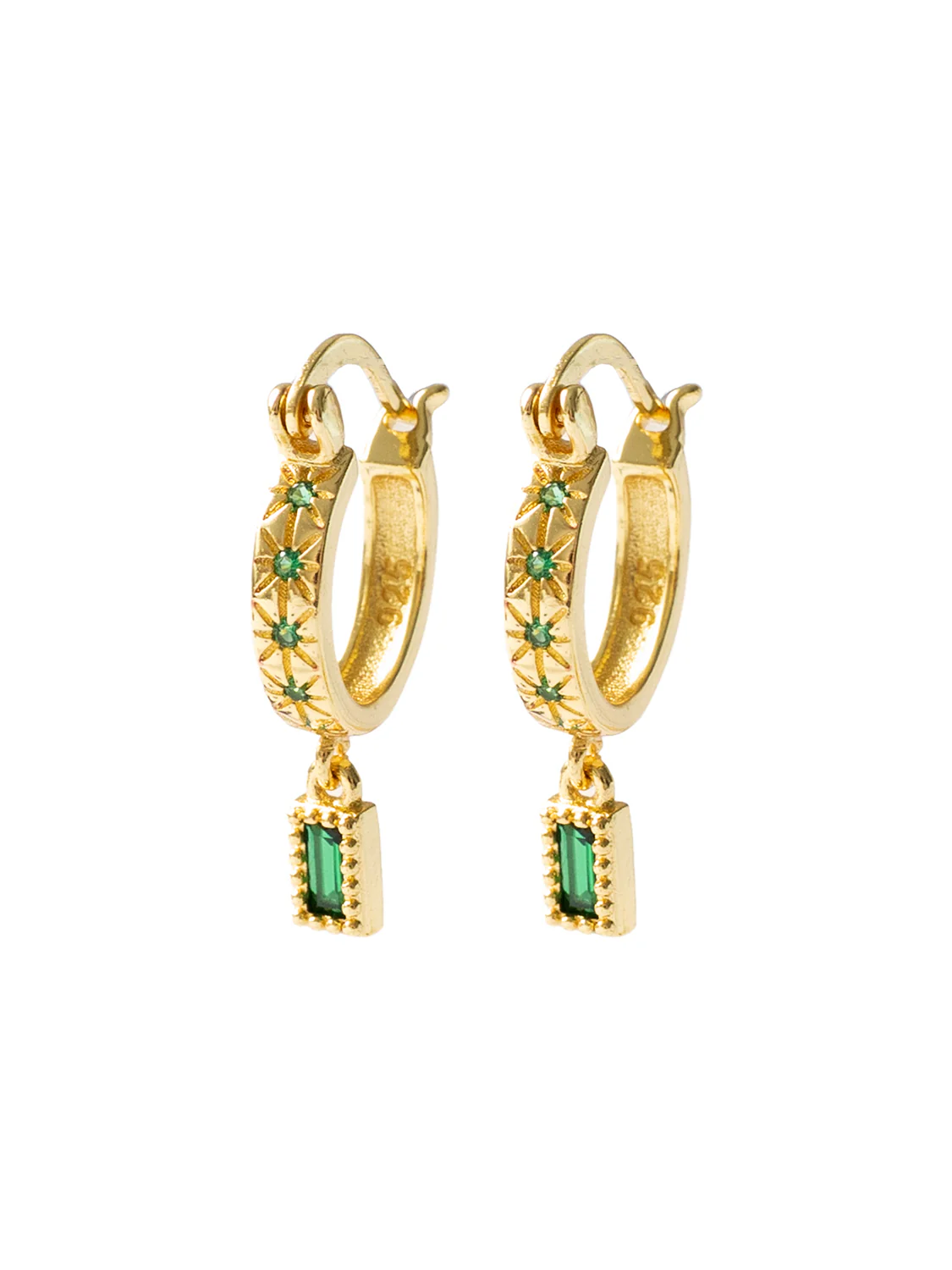 Starburst Huggies with Rectangular Gemstone, S925 - Green, Gold