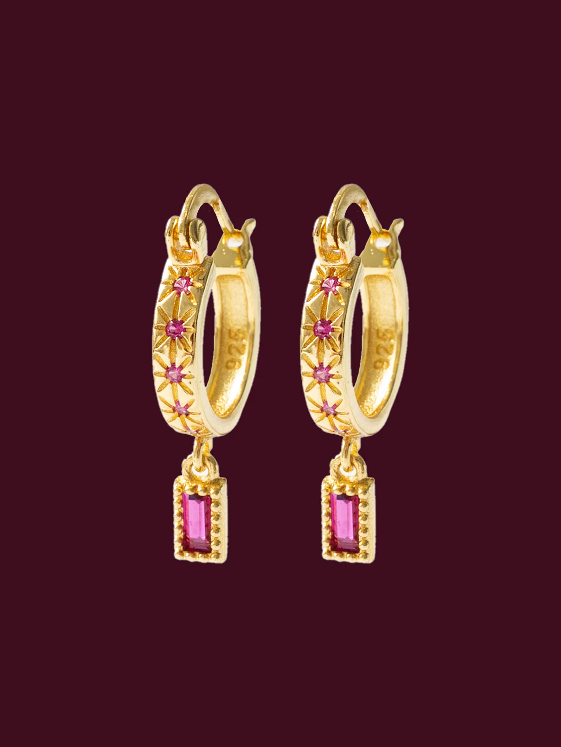 Starburst Huggies with Rectangular Gemstone, S925 - Magenta, Gold