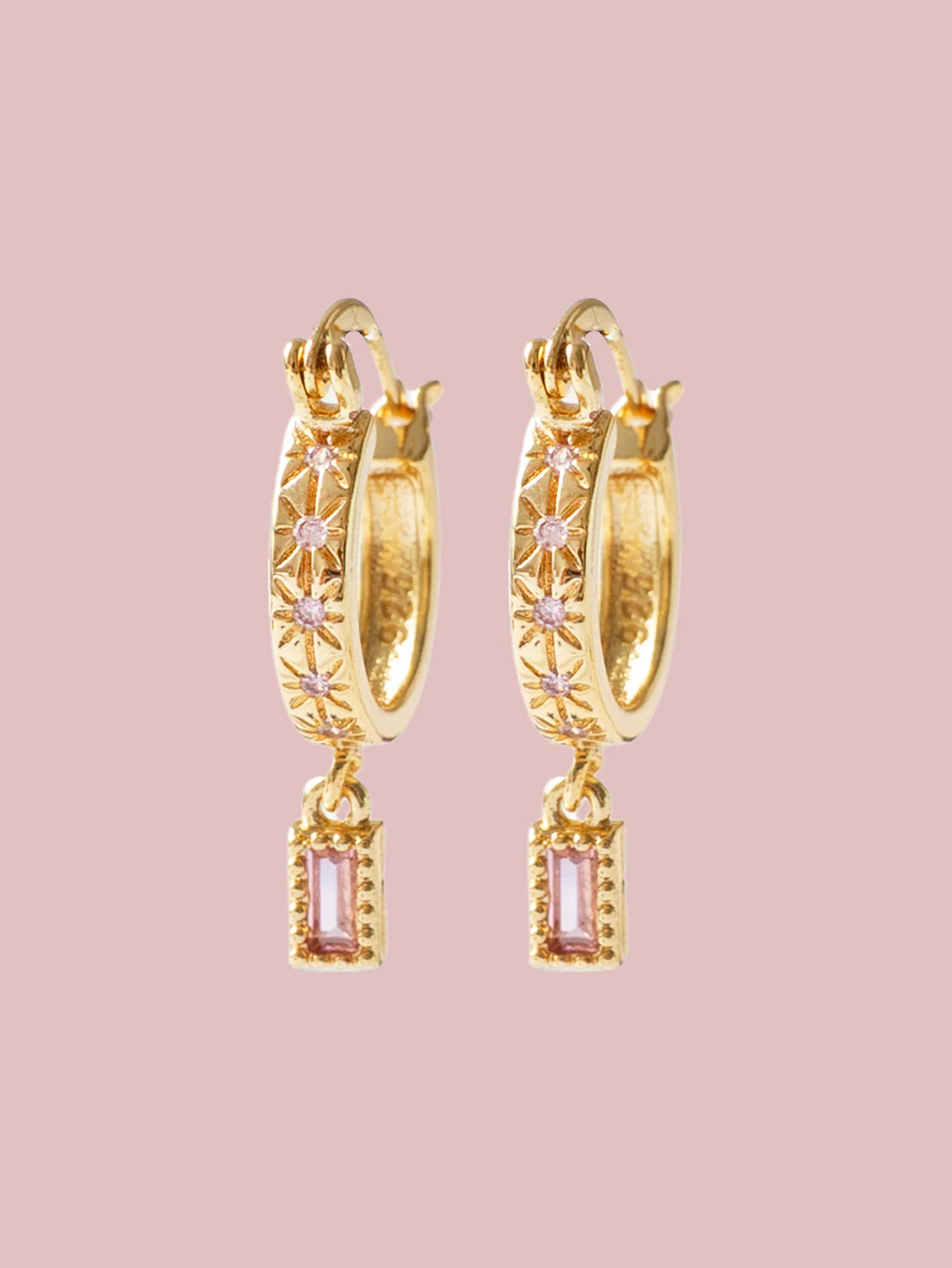 Starburst Huggies with Rectangular Gemstone, S925 - Sweet Pink, Gold