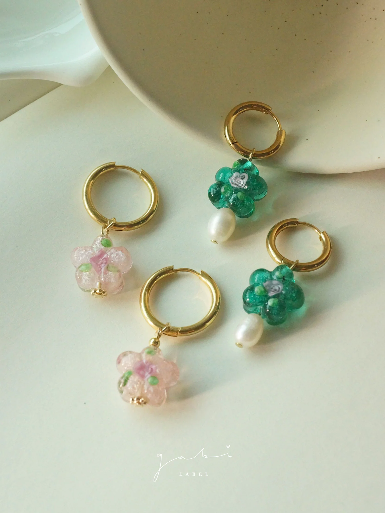 Teal-Green Glass Flower & Pearl Hoop Earrings - Image 4
