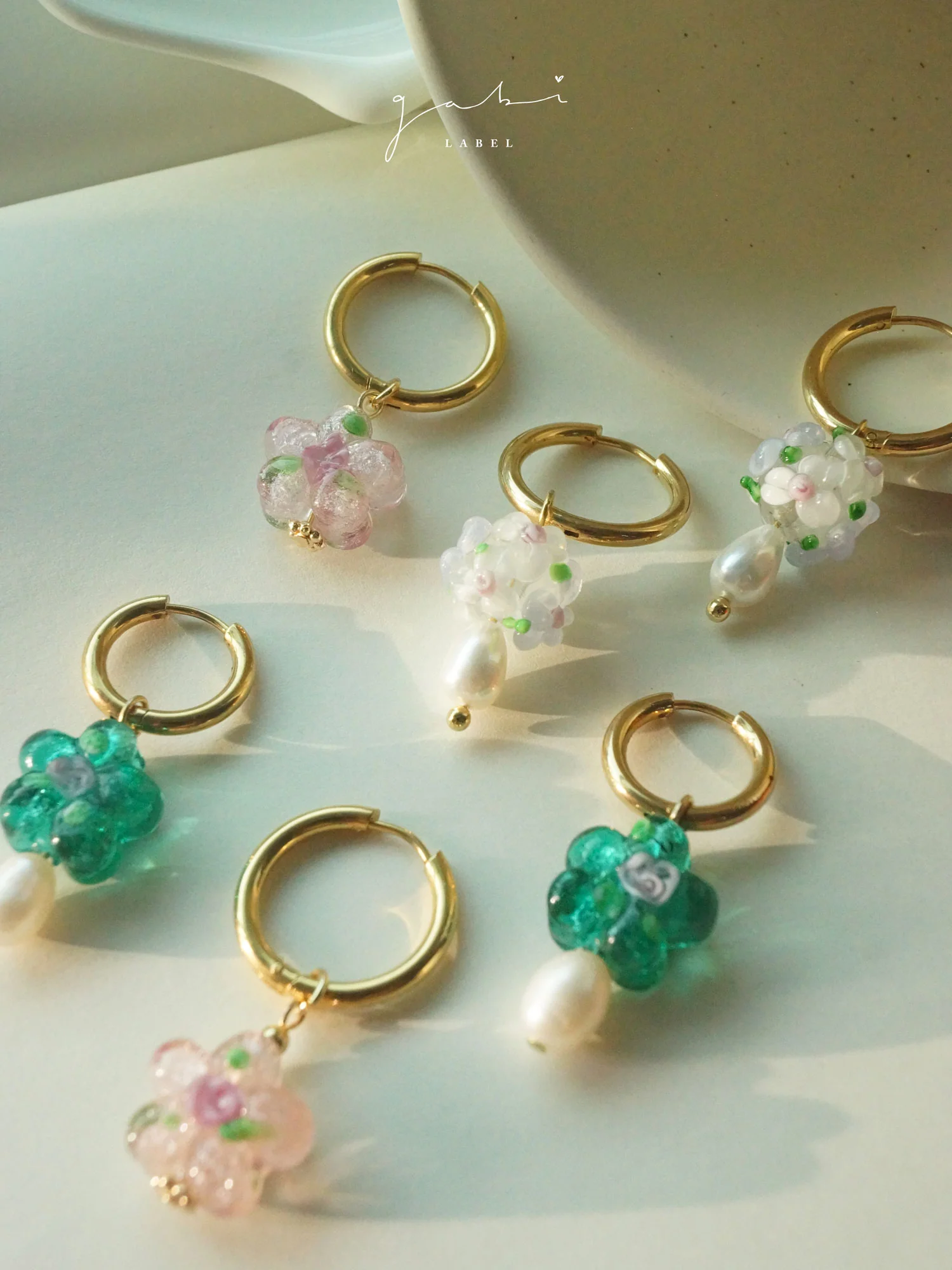 Teal-Green Glass Flower & Pearl Hoop Earrings - Image 6