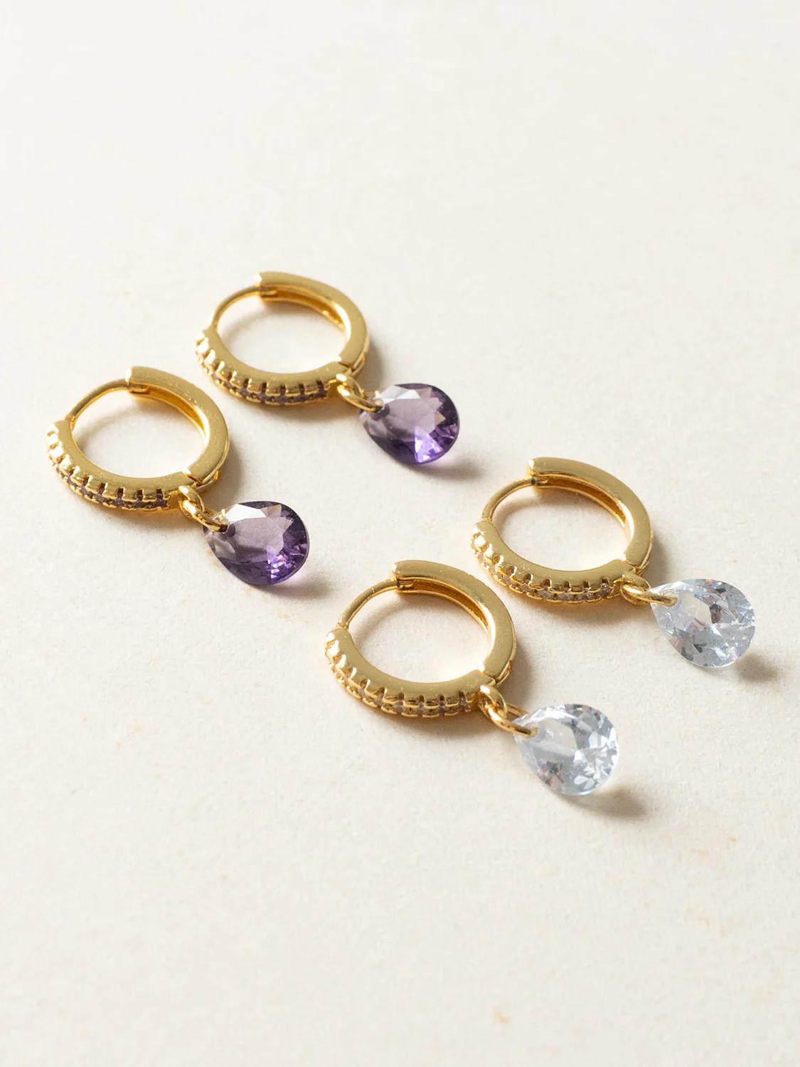 Teardrop Dangle Huggies, S925 - Clear, Gold - Image 2