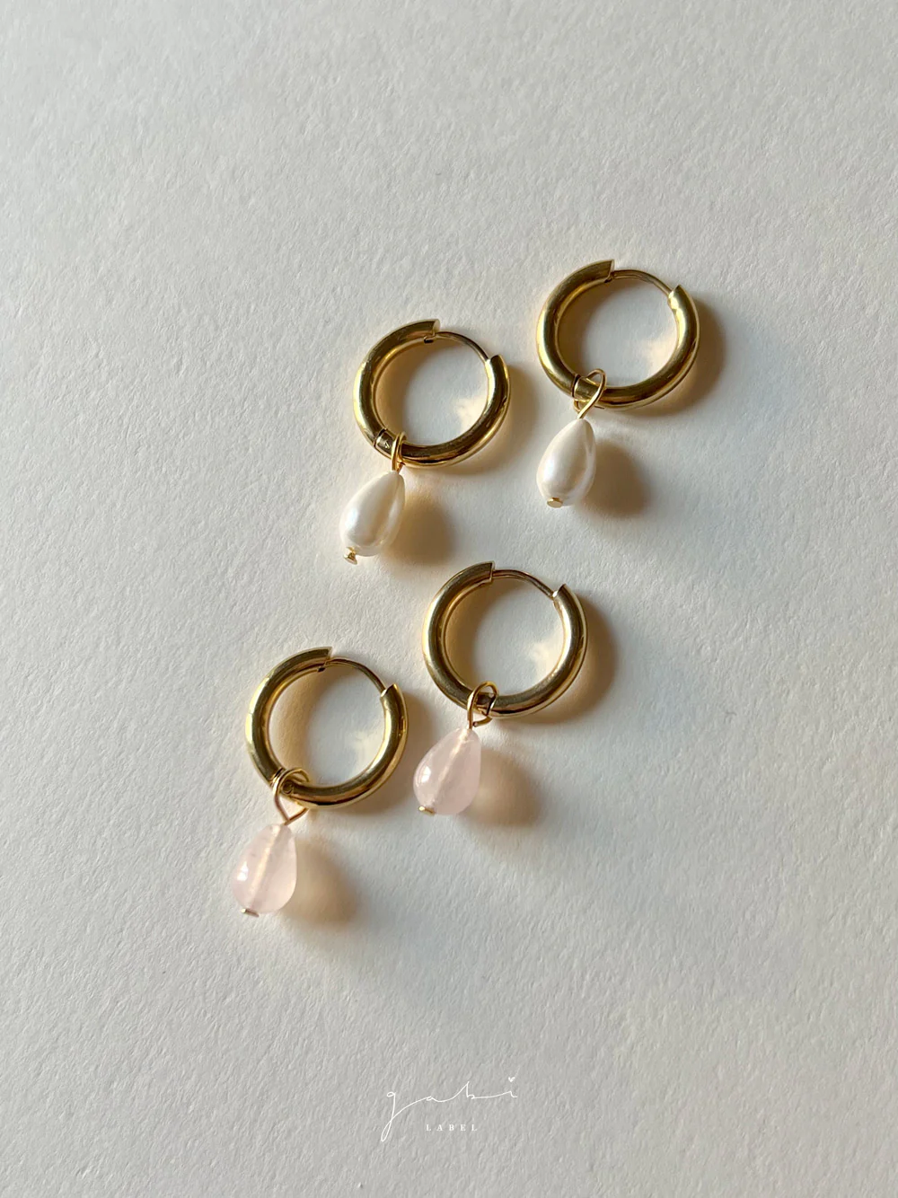 Teardrop Stainless Steel Hoops - Rose Quartz - Image 4