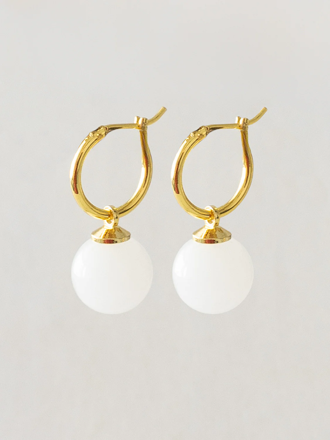 White Jade Ball Hoops, S925 - Gold
