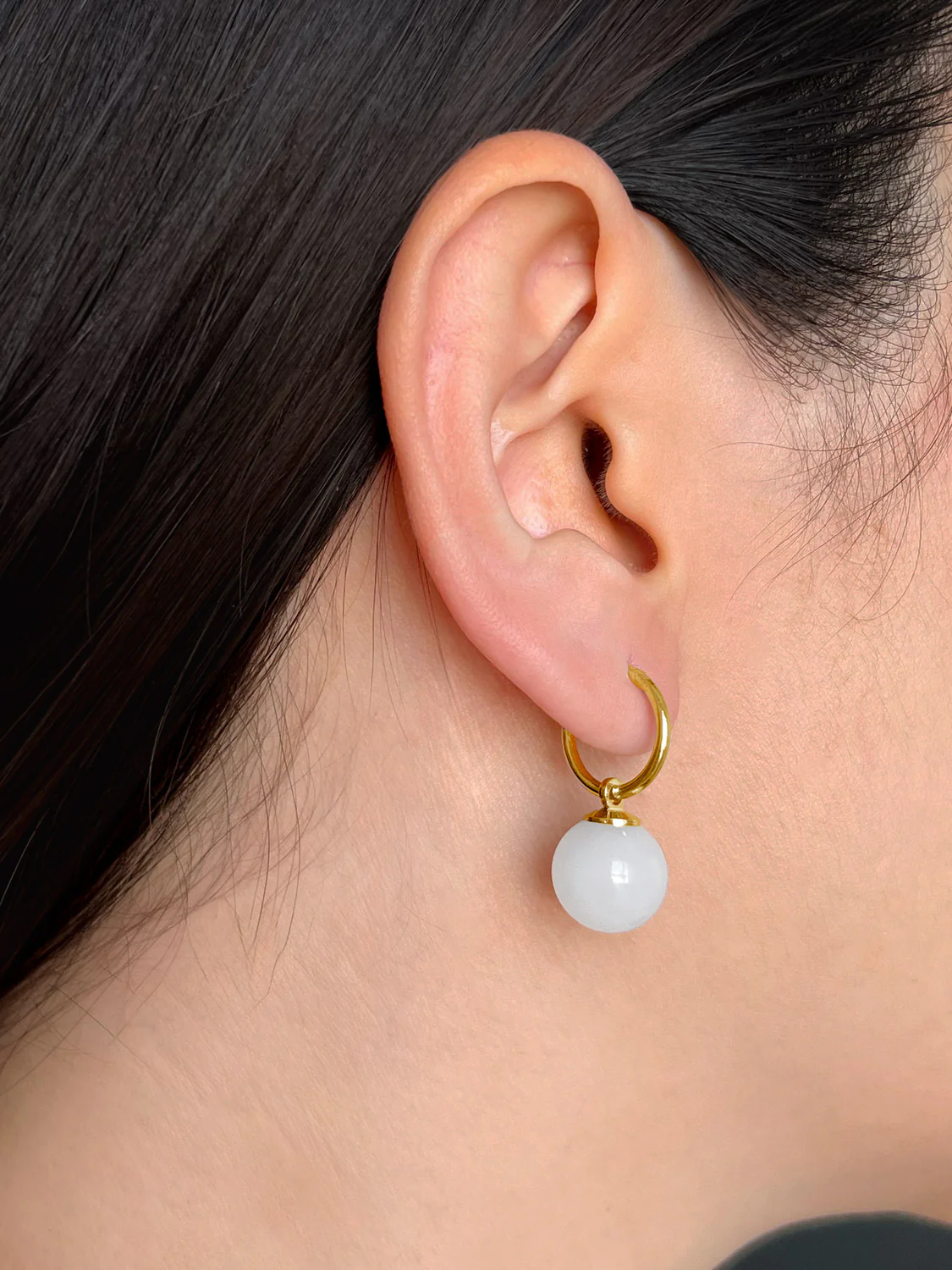White Jade Ball Hoops, S925 - Gold - Image 3